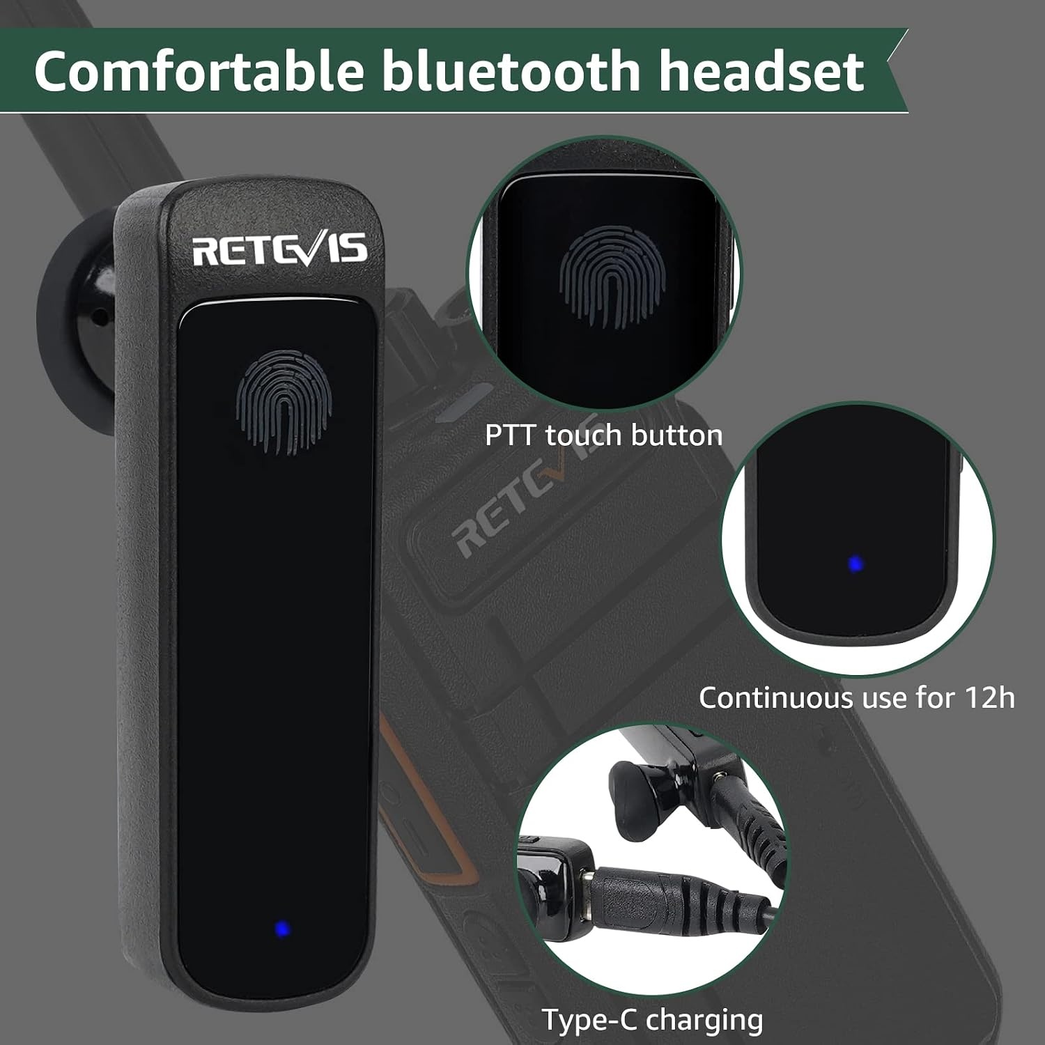 Retevis RB637 Bluetooth Walkie Talkies - Zwart - 2 Stuks met Draadloze Headsets