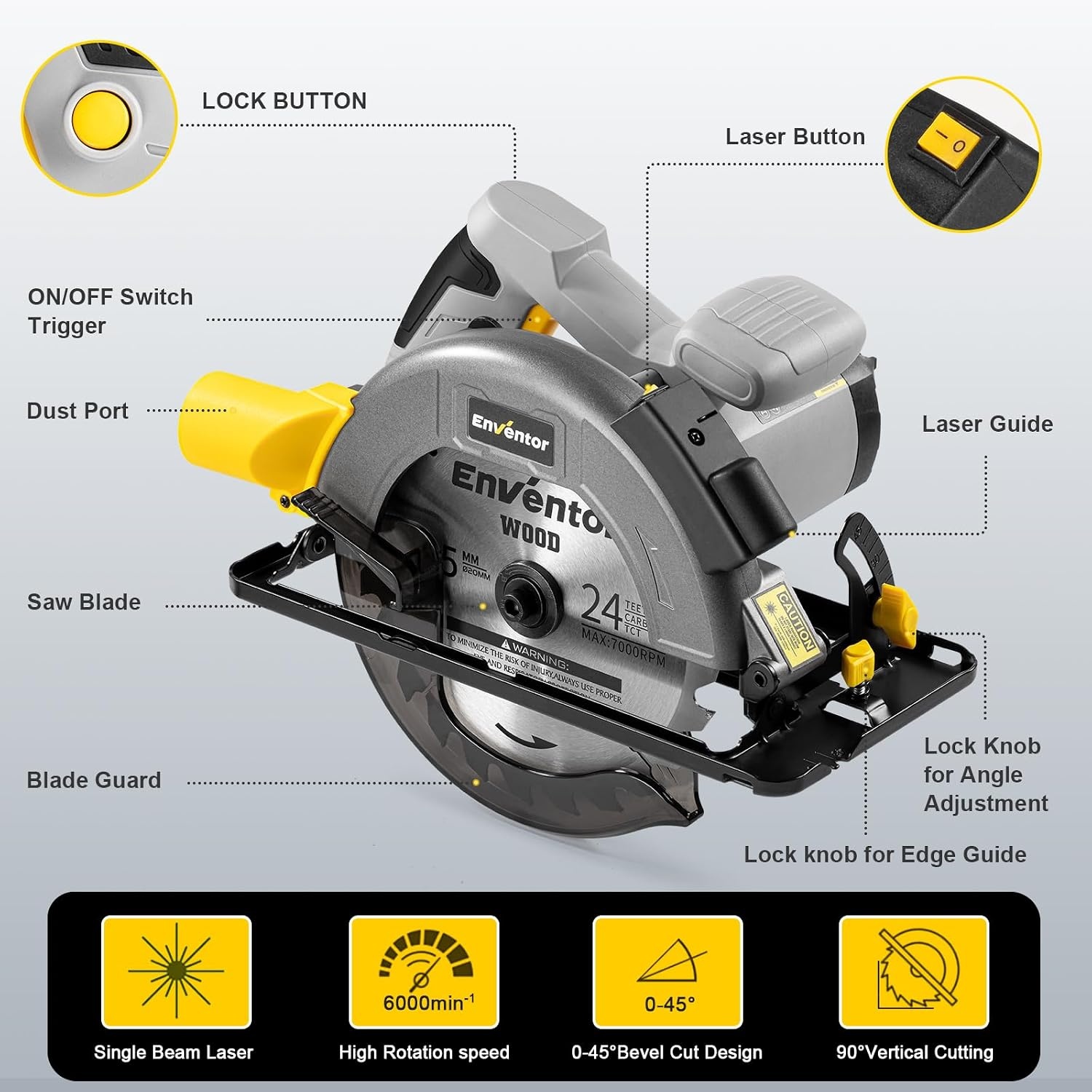 ENVENTOR Cirkelzaag 1400W - 185 mm - met Lasergeleider - 6000 RPM