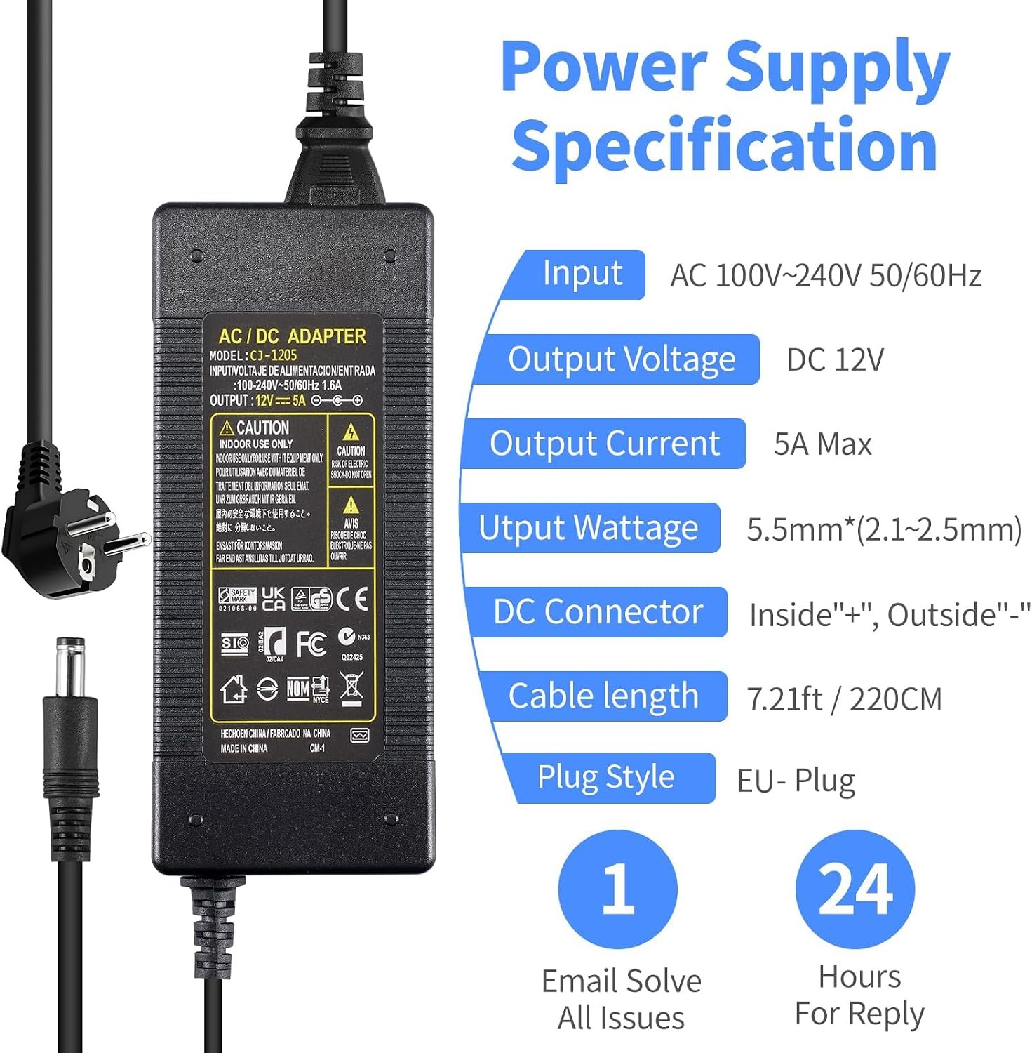 12V 5A voedingsadapter, AC naar DC 3V~12V 5A voedingsadapter 60W voedingsadapter oplader voor LED-lichtlijsten, LCD-monitoren, TV's TV's - Eurostekker 5,5 * 2,5/2,1mm met 14 DC-stekkeradapters