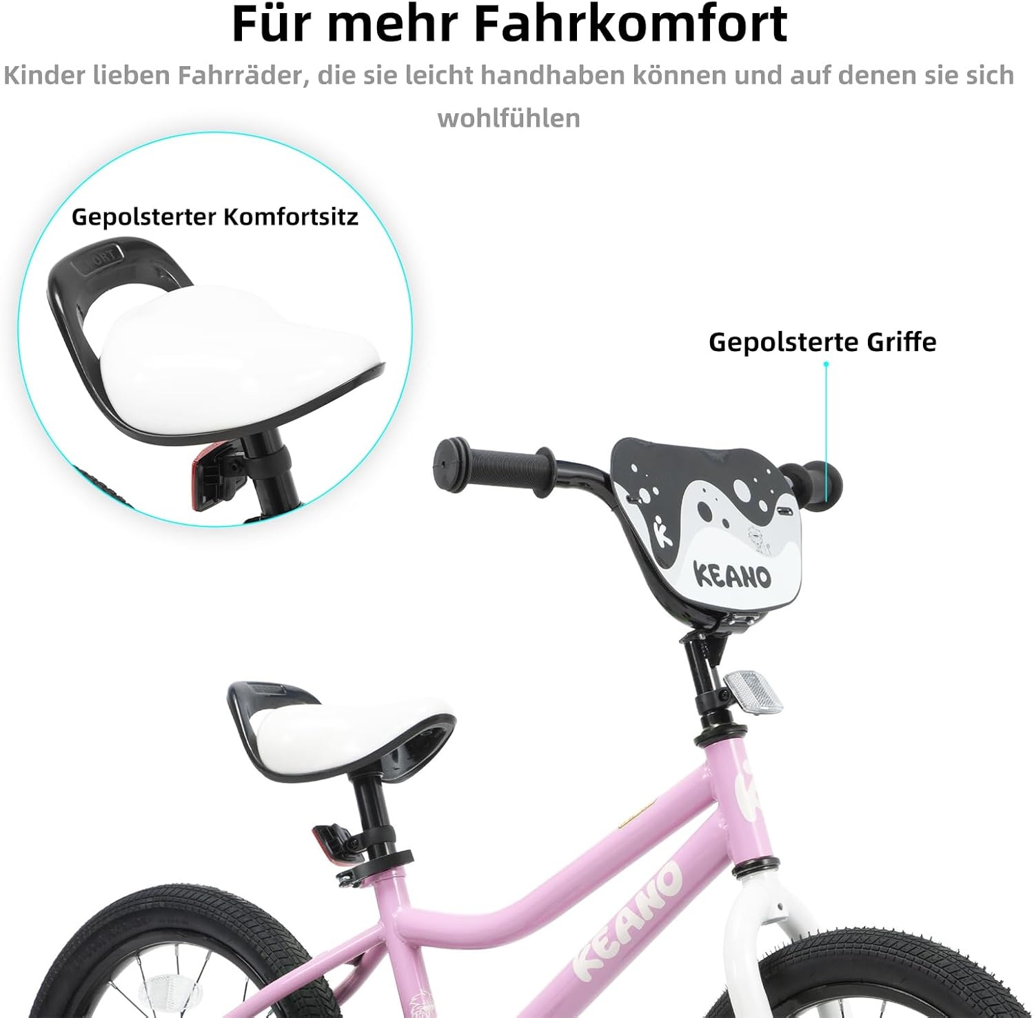 KEANO Lexicon 12 inch kinderfiets voor jongens en meisjes van 2 tot 4 jaar, met steunwielen, roze