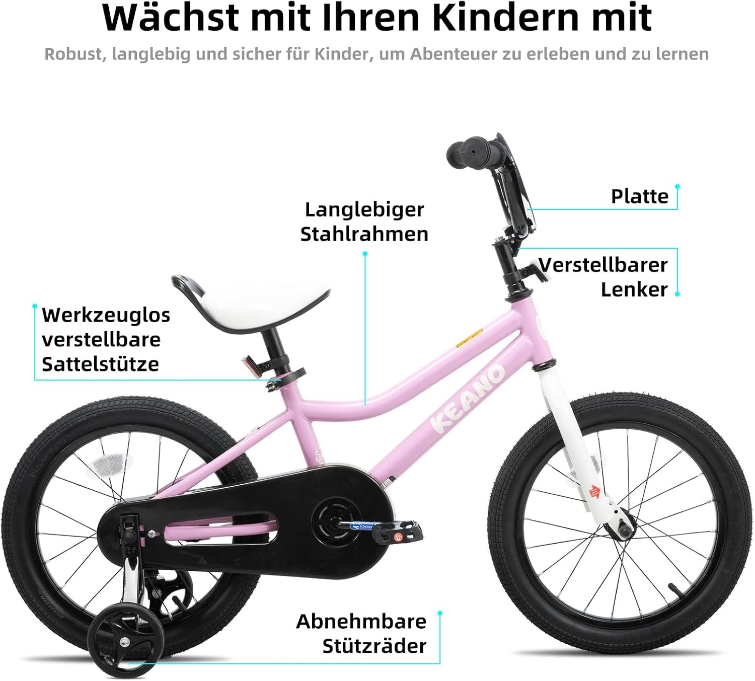 KEANO Lexicon 12 inch kinderfiets voor jongens en meisjes van 2 tot 4 jaar, met steunwielen, roze