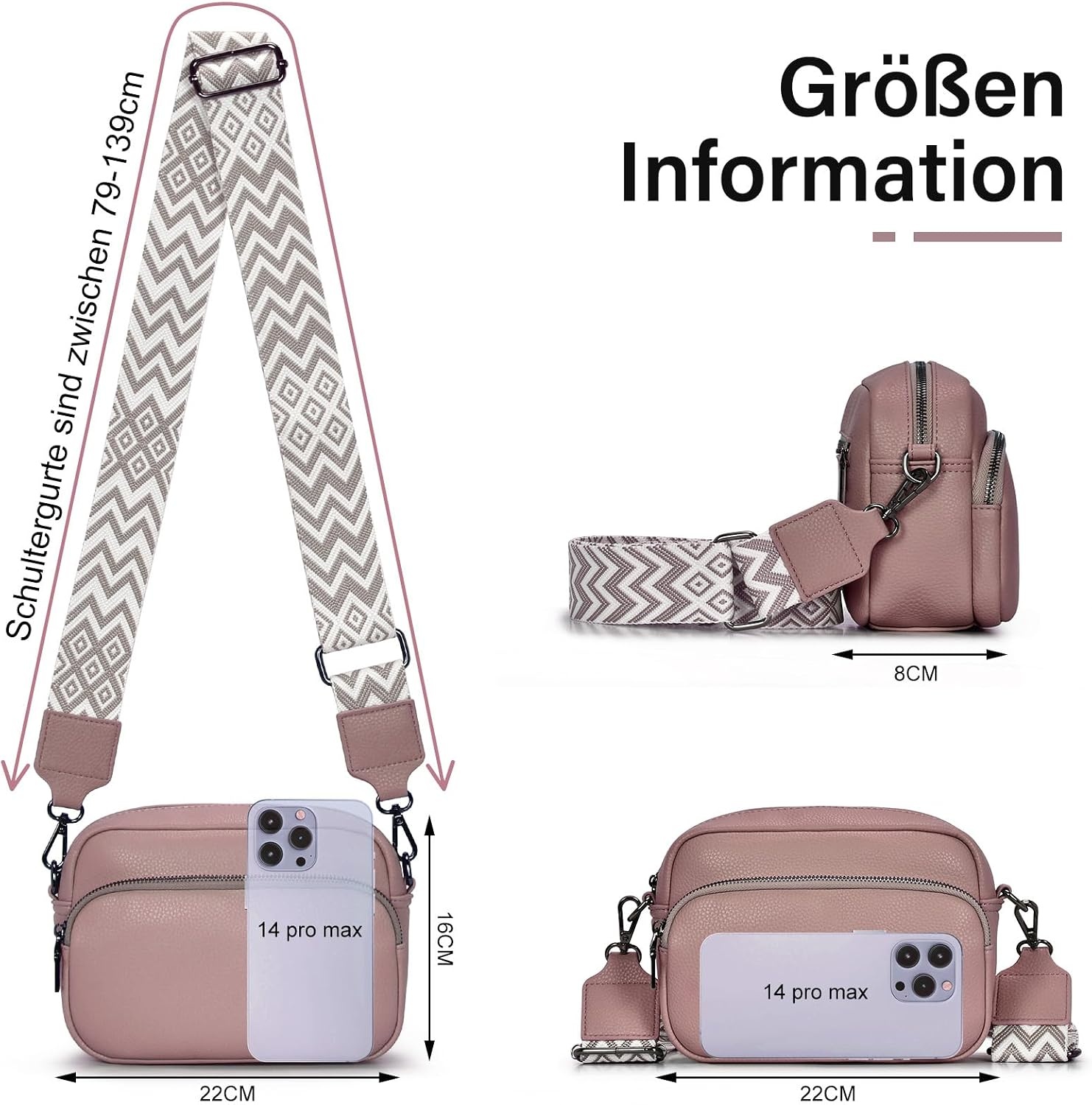GASSDA Crossbody Bag voor dames, kleine schoudertas voor dames, brede riem, PU-leer, handtas voor dames met afneembare schouderriem