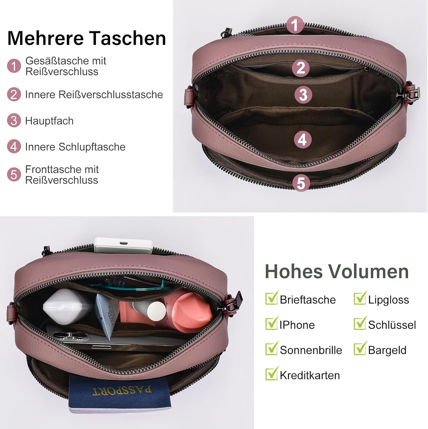 GASSDA Crossbody Bag voor dames, kleine schoudertas voor dames, brede riem, PU-leer, handtas voor dames met afneembare schouderriem