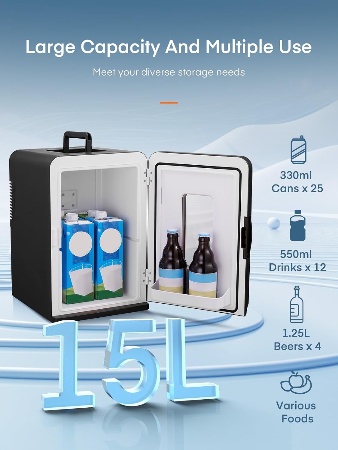 FOHERE Kleine mini-koelkast, 15 l/21 blikjes, draagbare koelkast AC + DC 12 V, stille modus, koelende en verwarmende functie, cosmeticakoeler, zwart