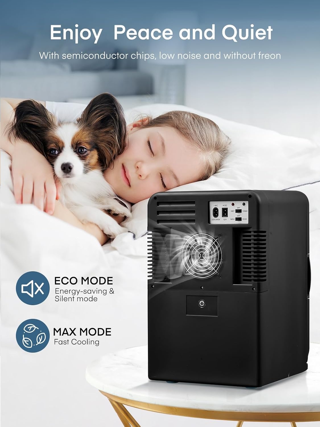 FOHERE Kleine mini-koelkast, 15 l/21 blikjes, draagbare koelkast AC + DC 12 V, stille modus, koelende en verwarmende functie, cosmeticakoeler, zwart