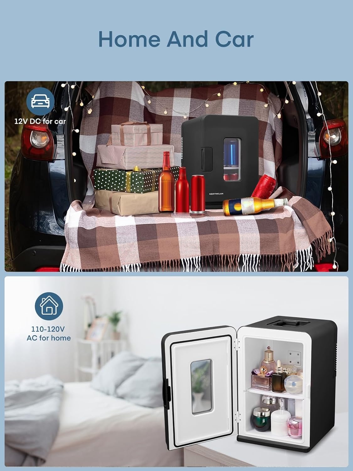 FOHERE Kleine mini-koelkast, 15 l/21 blikjes, draagbare koelkast AC + DC 12 V, stille modus, koelende en verwarmende functie, cosmeticakoeler, zwart