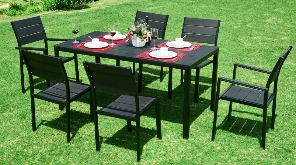 Zwarte Kunststof Tuintafel met Houtlook & Staal - 156x78 cm - 61% Korting