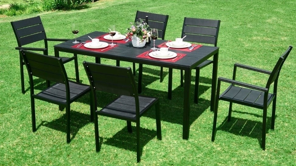 Zwarte Kunststof Tuintafel met Houtlook & Staal - 156x78 cm - 61% Korting
