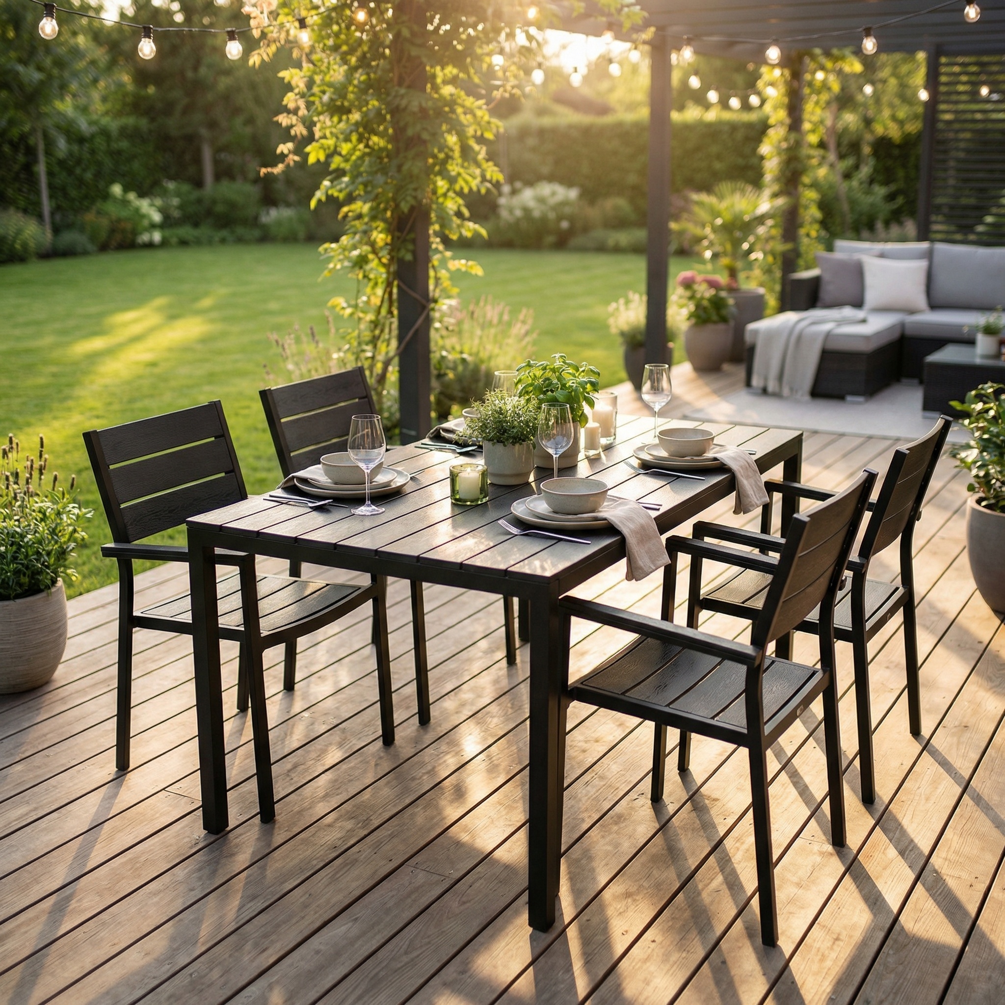 Zwarte Kunststof Tuintafel met Houtlook & Staal - 156x78 cm - 61% Korting