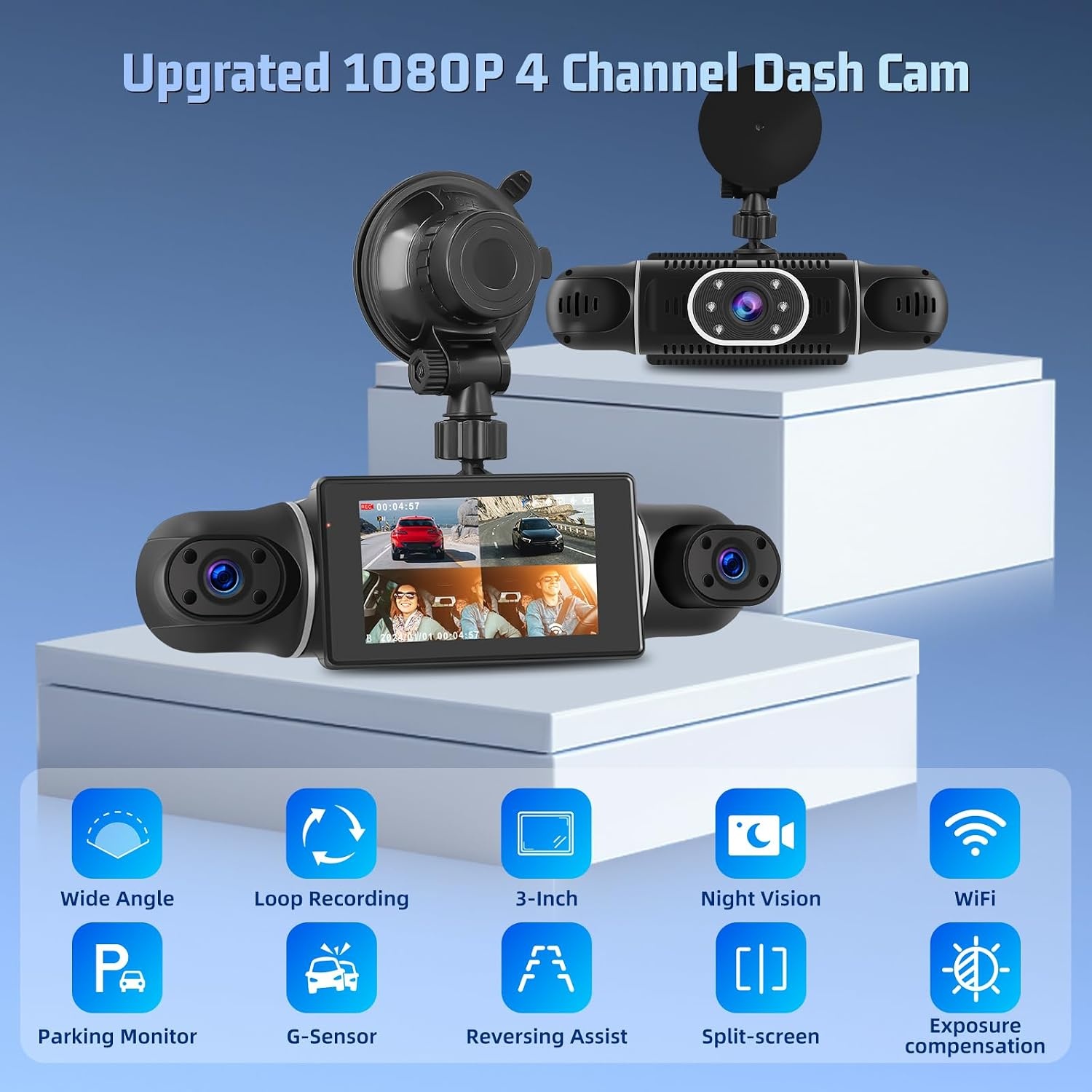 Dashcam 1080p met 4 Camera's & WiFi - 34% Korting
