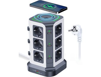 12-voudige Stekkerdoos met Draadloze Oplader & USB-A | 34% Korting