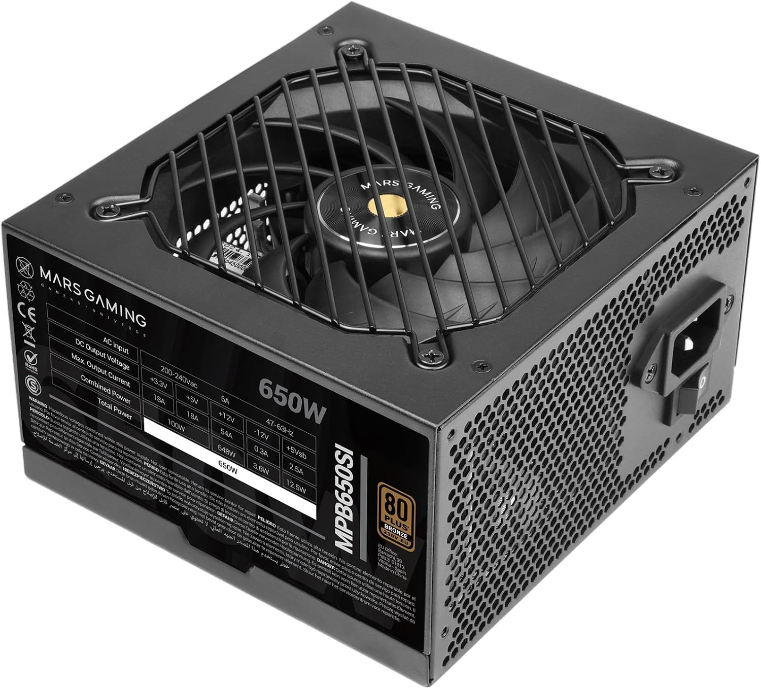 Mars Gaming MPB650SI, ATX Voeding PC 650W, 7 Jaar Garantie, 80Plus Bronze 230V, 90% Efficiëntie, SI Extreme Silence Ventilator met Koperen Kern, AI2-RPM, DC-DC en SMD Technologieën, Zwart