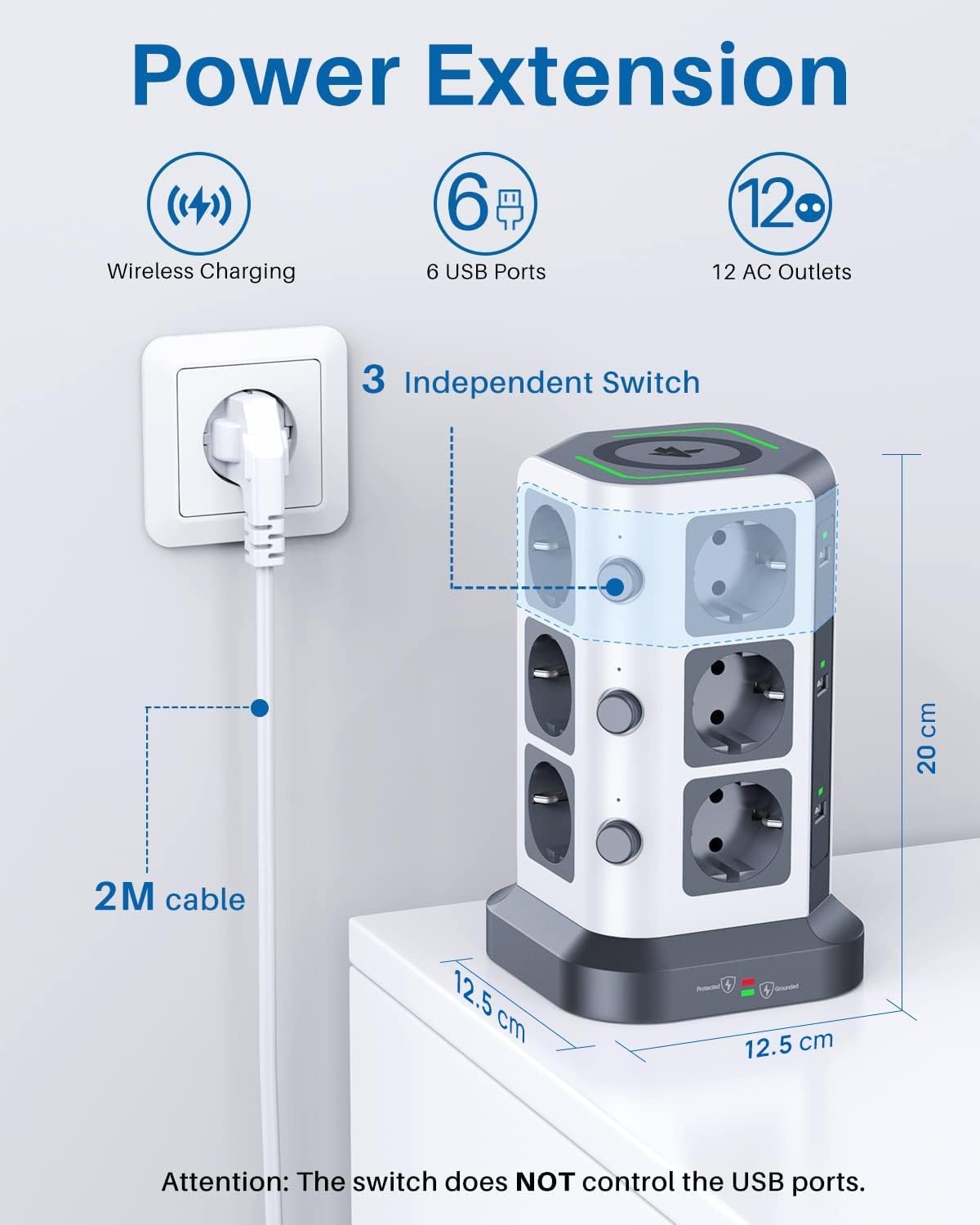 12-voudige Stekkerdoos met Draadloze Oplader & USB-A | 34% Korting