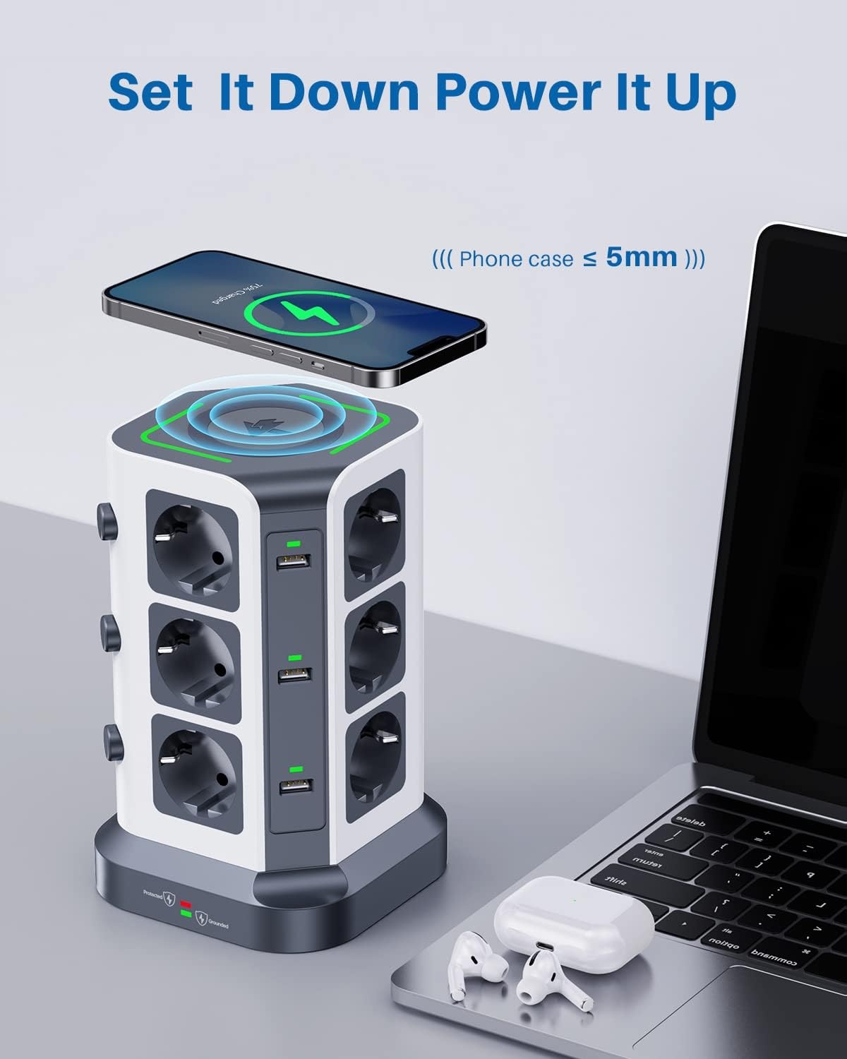 12-voudige Stekkerdoos met Draadloze Oplader & USB-A | 34% Korting