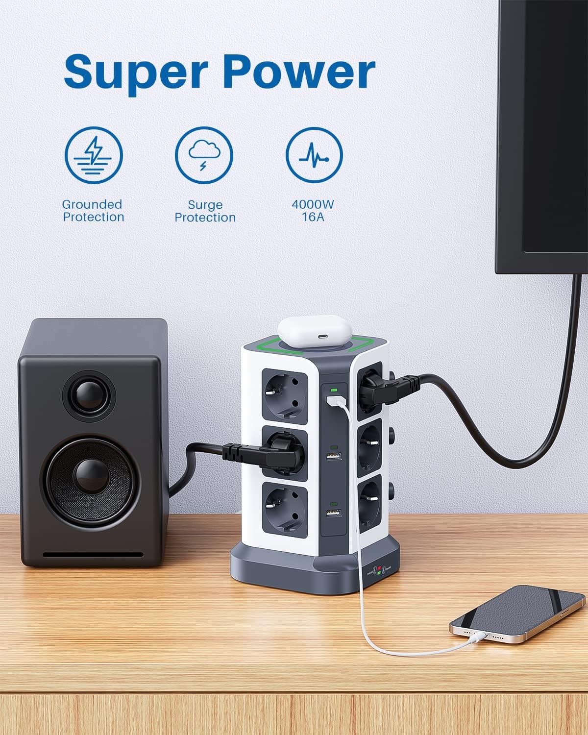 12-voudige Stekkerdoos met Draadloze Oplader & USB-A | 34% Korting
