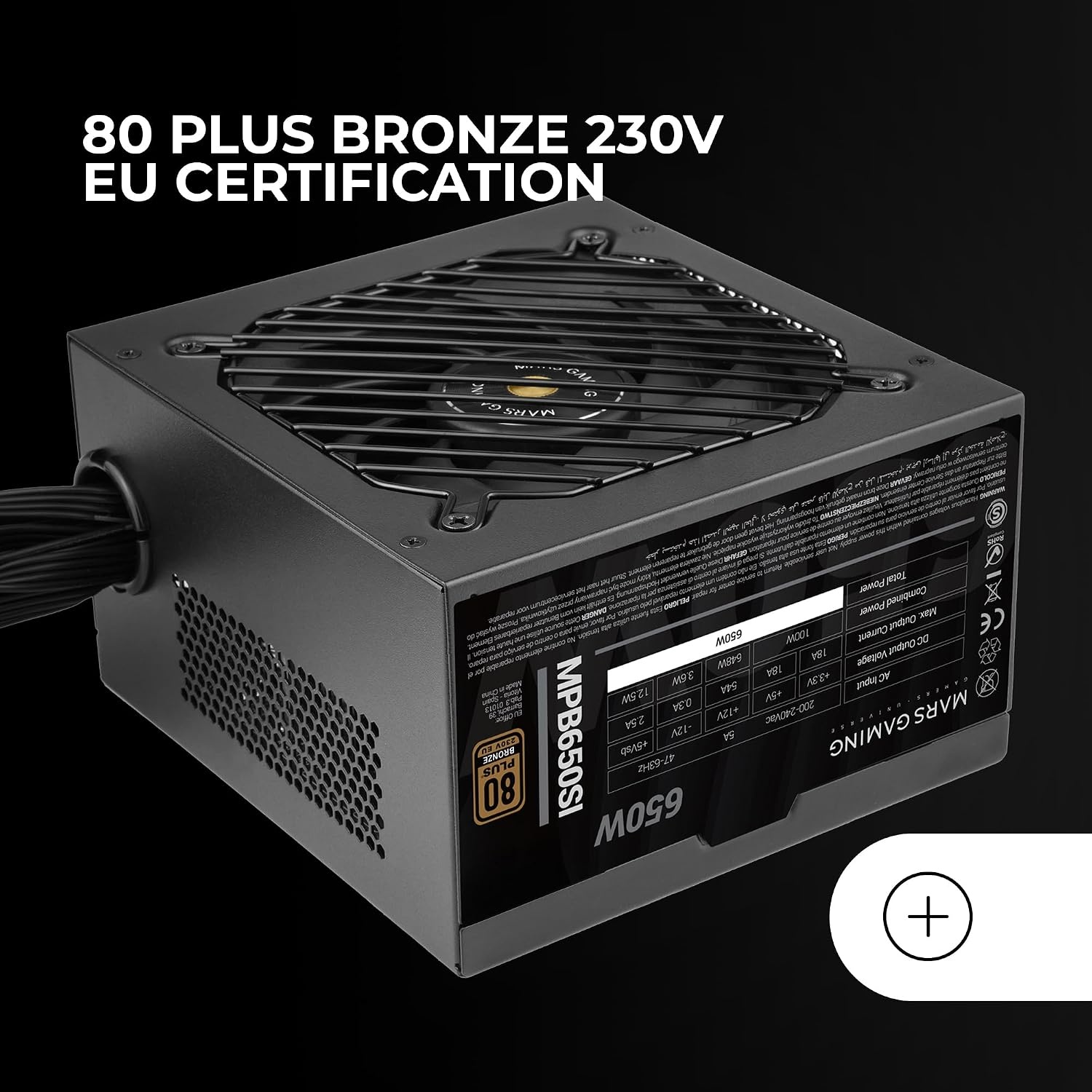 Mars Gaming MPB650SI, ATX Voeding PC 650W, 7 Jaar Garantie, 80Plus Bronze 230V, 90% Efficiëntie, SI Extreme Silence Ventilator met Koperen Kern, AI2-RPM, DC-DC en SMD Technologieën, Zwart