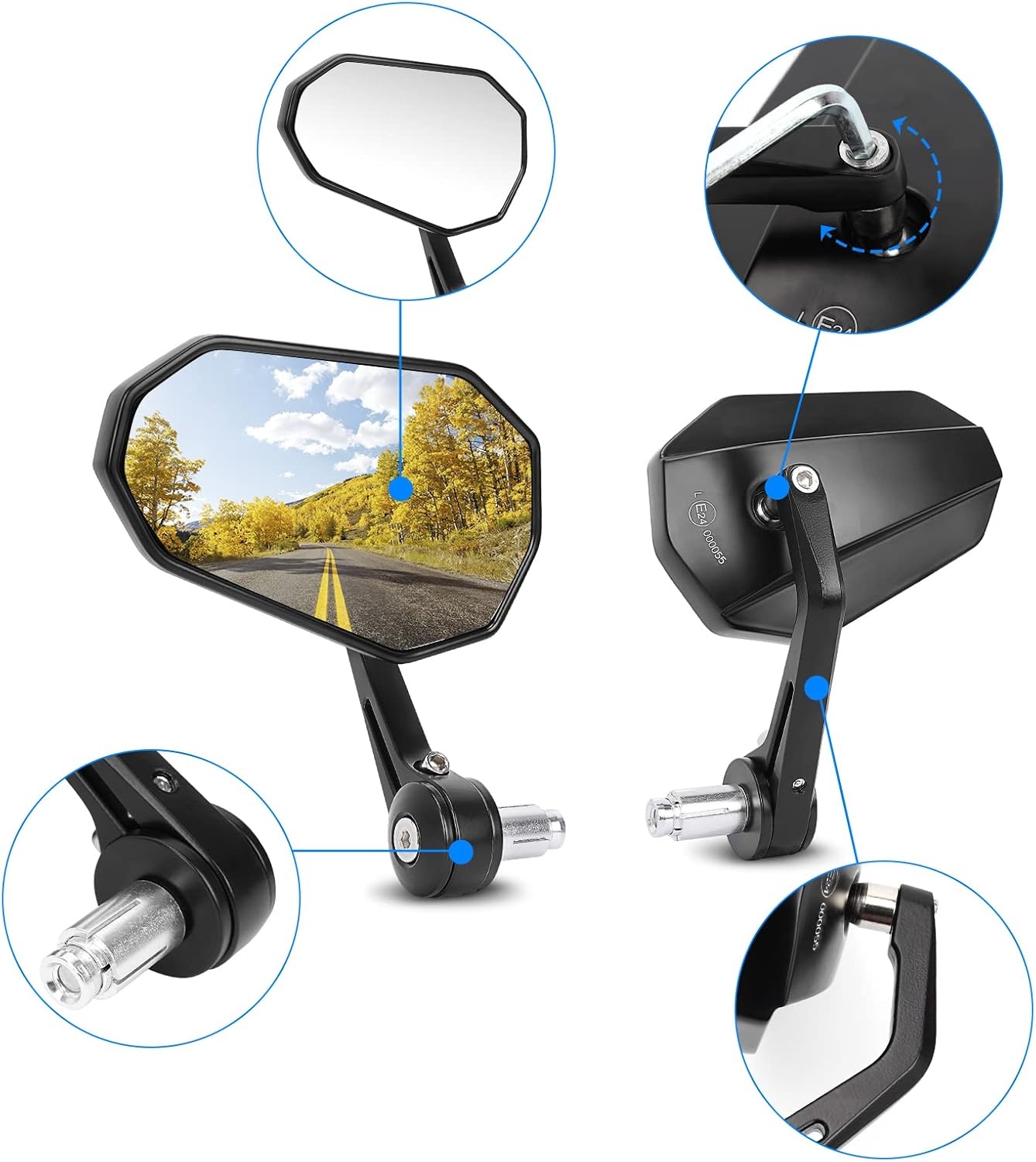 SUPAREE Motorcycle Mirrors Universal Motorcycle Bar End Mirrors Motorcycle Rearview Mirrors Extension Motorbike Side Wing Mirror Clear Glass for Towing Safe with E-MARK 2 Pack