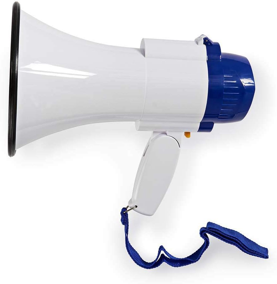 Nedis - Megafoon - Maximaal bereik: 250 m - Volumeregelaar: Tot 115 dB - Ingebouwde microfoon & sirene - Compact - Licht - Opnamefunctie - Verstelbaar volume - Blauw/Wit