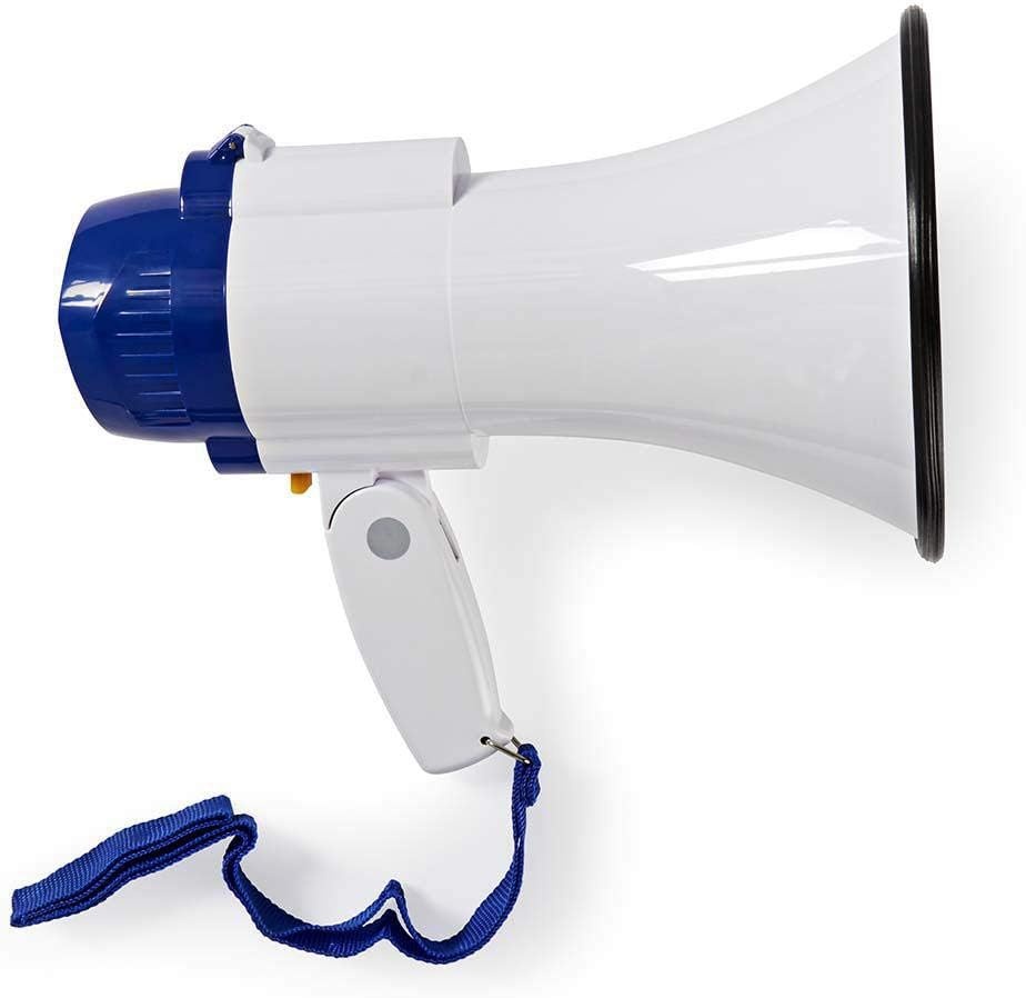 Nedis - Megafoon - Maximaal bereik: 250 m - Volumeregelaar: Tot 115 dB - Ingebouwde microfoon & sirene - Compact - Licht - Opnamefunctie - Verstelbaar volume - Blauw/Wit