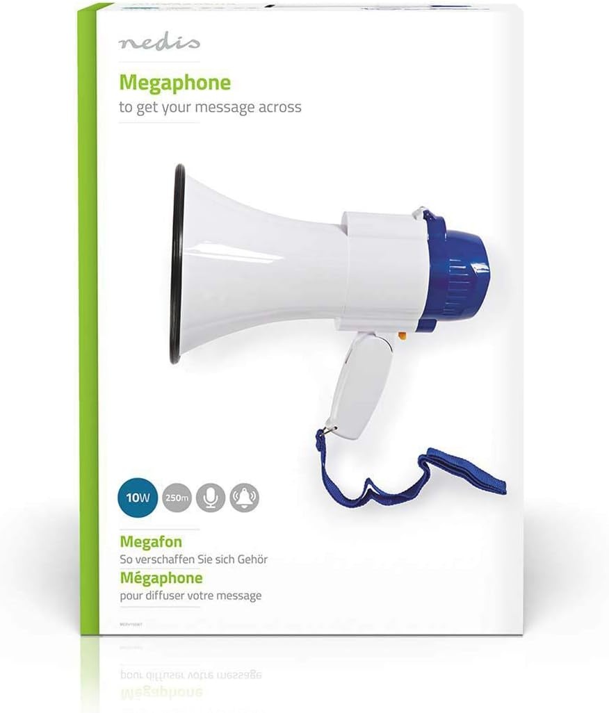 Nedis - Megafoon - Maximaal bereik: 250 m - Volumeregelaar: Tot 115 dB - Ingebouwde microfoon & sirene - Compact - Licht - Opnamefunctie - Verstelbaar volume - Blauw/Wit