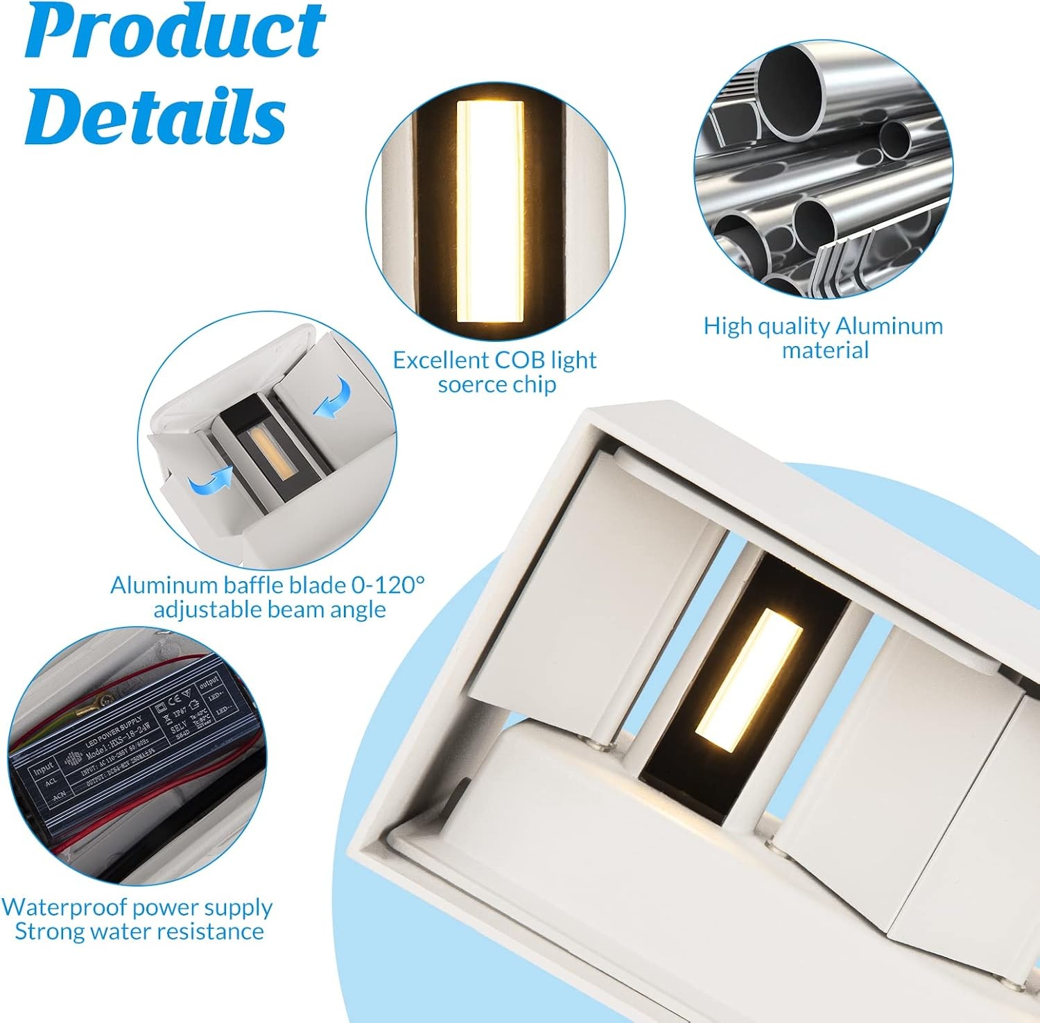 4 stuks led-wandlampen voor binnen en buiten, 24 W, wit, op en neer instelbare lichtstraal, buitenlampen, led, warmwit, 3000 K, IP65 waterdicht