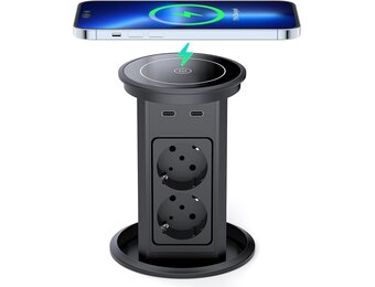 Dinolink Automatische Inbouwcontactdoos 100mm met Draadloze Oplader en USB - Zwart