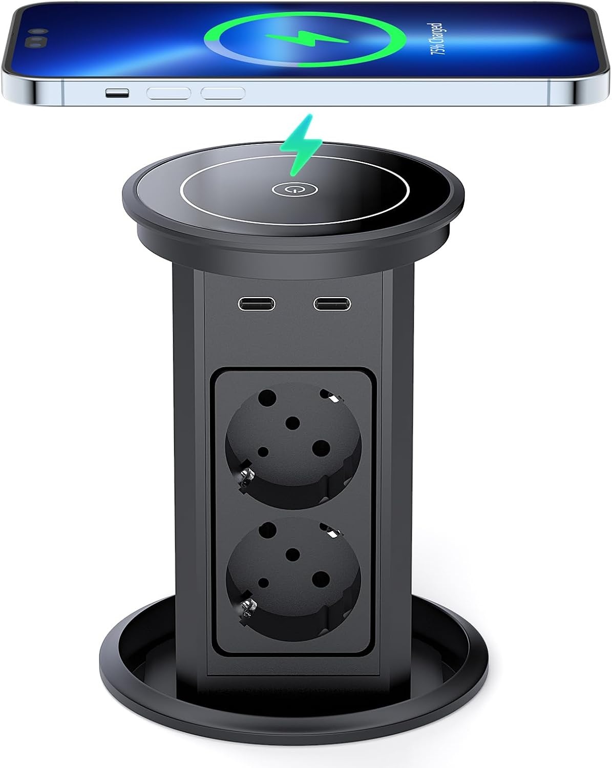 Dinolink Automatische Inbouwcontactdoos 100mm met Draadloze Oplader en USB - Zwart