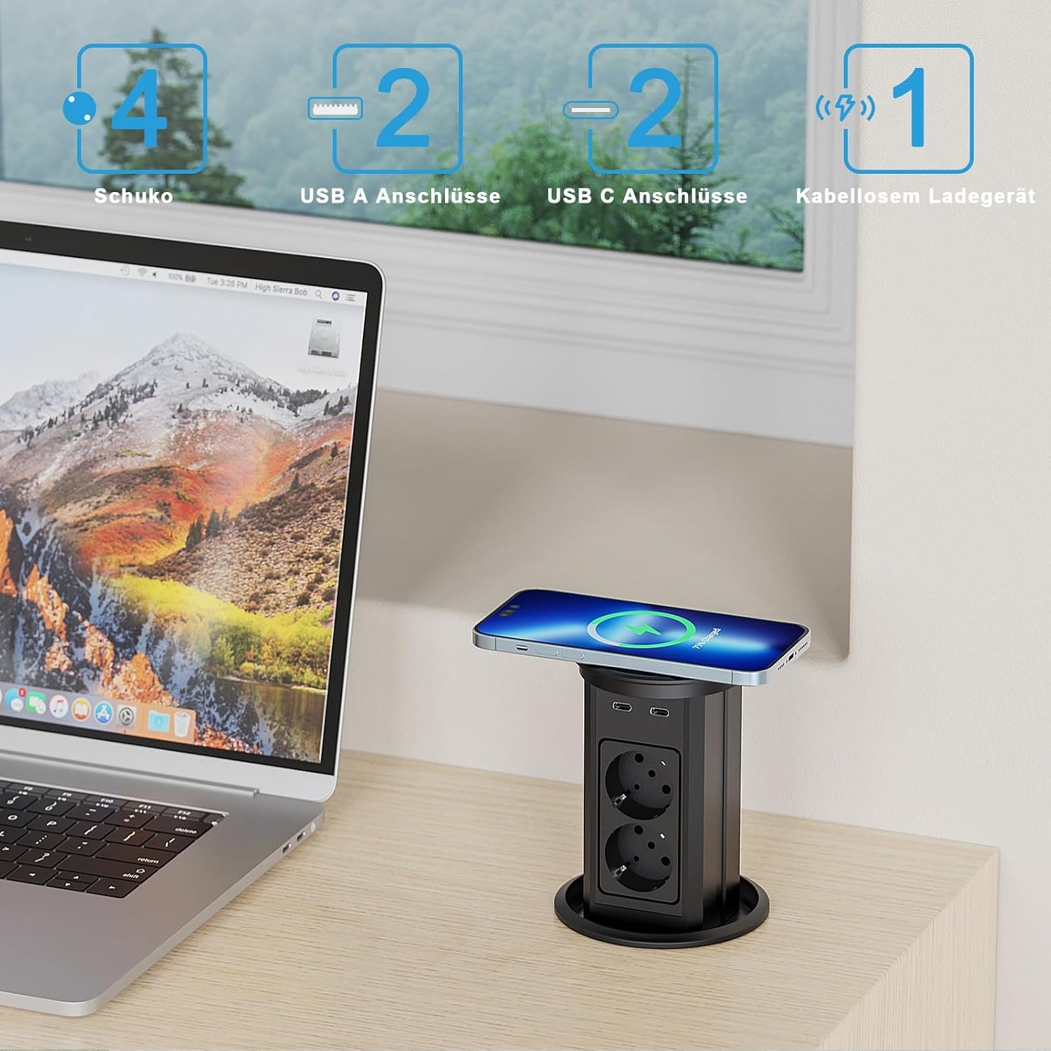 Dinolink Automatische Inbouwcontactdoos 100mm met Draadloze Oplader en USB - Zwart