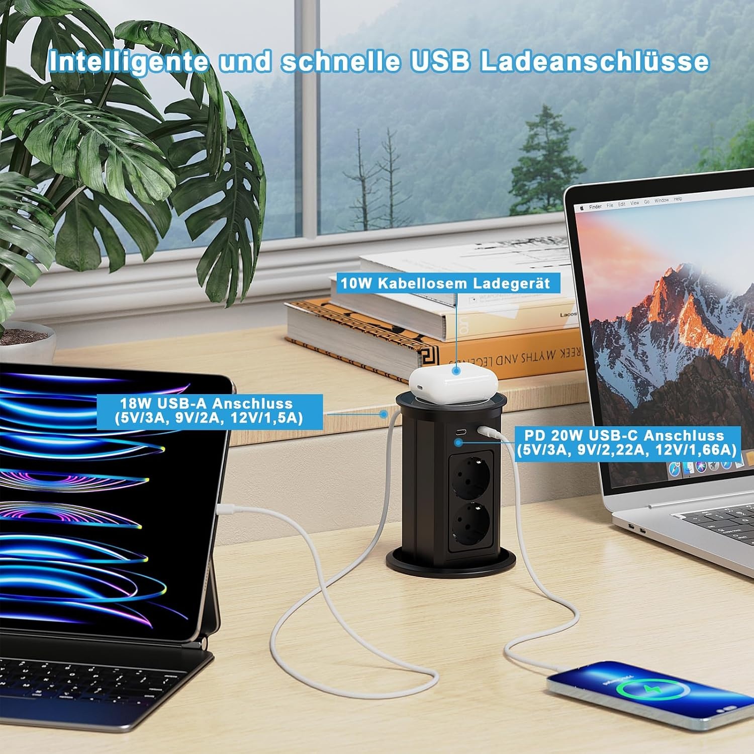 Dinolink Automatische Inbouwcontactdoos 100mm met Draadloze Oplader en USB - Zwart