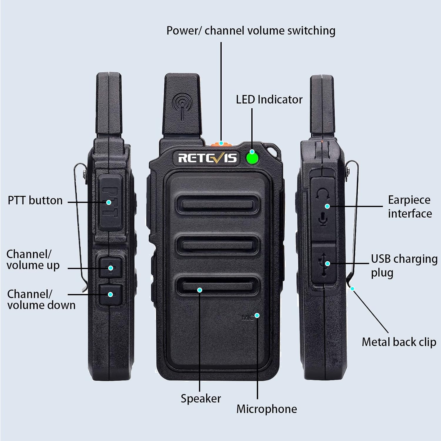 Retevis RT619 Walkie Talkie met Headset PMR446 Licentievrij 16 Kanalen VOX Squelch 1300 mAh Oplaadbare CTCSS/DCS VOX 2 Way Radio Micro USB-Oplaadkabel (5 Paar, Zwart)
