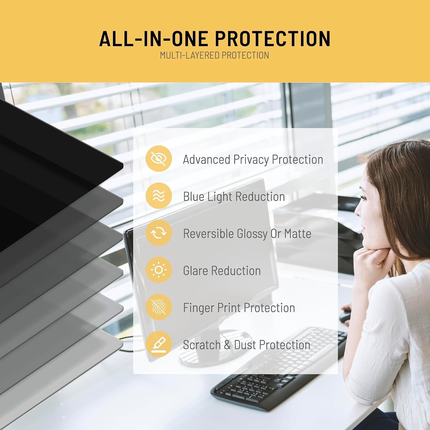 VistaProtect - Premium Privacy Filter & Anti Blue Light Screen Protector for Computer Monitors (27" inches - 16:10) - Maat 27" inches - 16:10