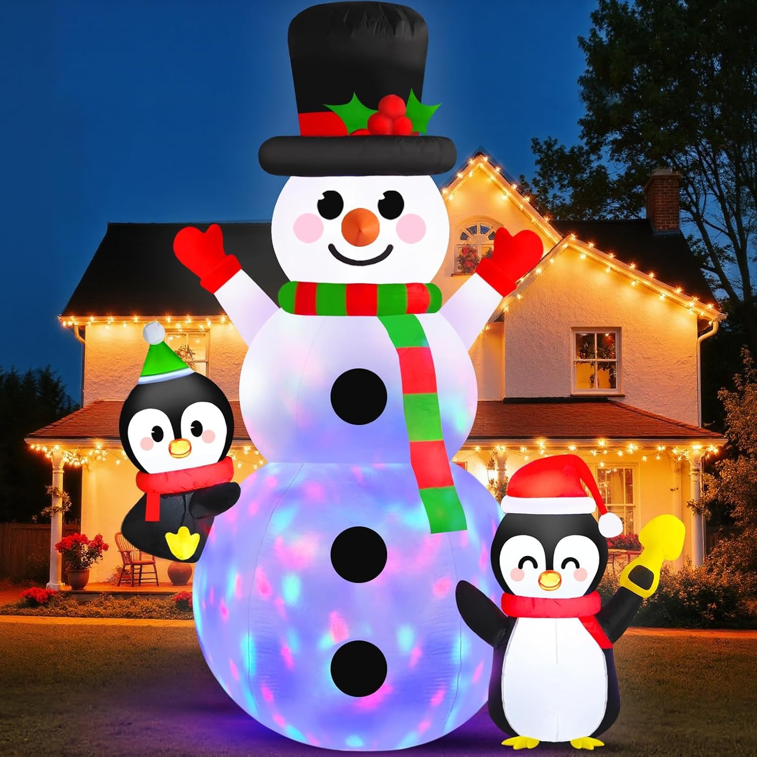 Danxilu 180 cm Snowman Inflatable with Penguins, Rotating Colourful LED Lights, Inflatable Christmas Decoration, Frosti, Cute Snowman, Inflatable Snowman for Outdoor, Courtyard, Garden,