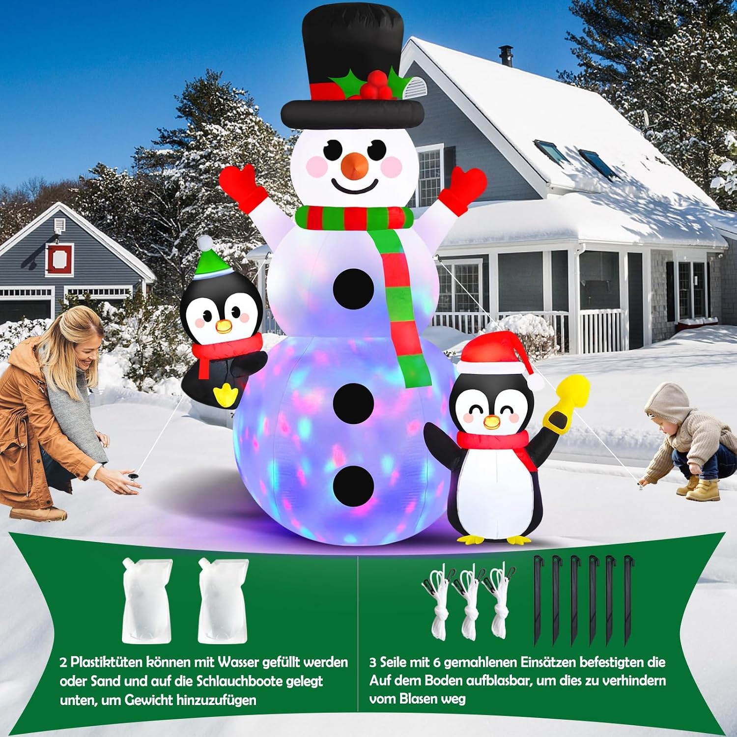 Danxilu 180 cm Snowman Inflatable with Penguins, Rotating Colourful LED Lights, Inflatable Christmas Decoration, Frosti, Cute Snowman, Inflatable Snowman for Outdoor, Courtyard, Garden,