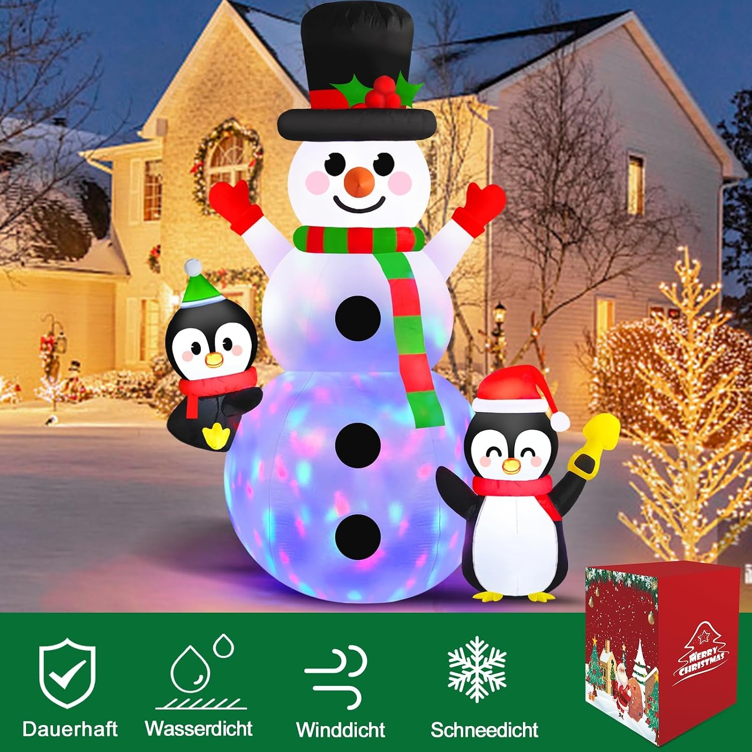 Danxilu 180 cm Snowman Inflatable with Penguins, Rotating Colourful LED Lights, Inflatable Christmas Decoration, Frosti, Cute Snowman, Inflatable Snowman for Outdoor, Courtyard, Garden,