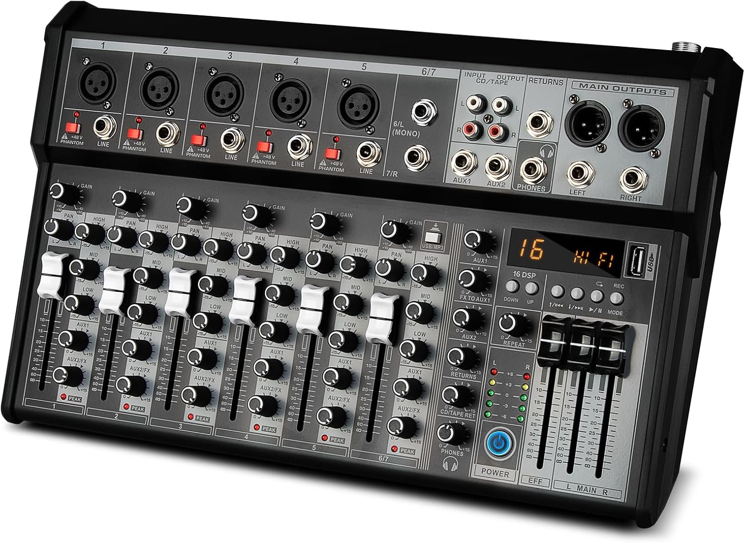 Depusheng Professional Audio Mixer, 4-Channel Audio Interface Sound Board Mixer, 16-Bit DSP DJ Bluetooth Mixer + 48V Phantom Effect for Karaoke Studio Streaming Recording (XT7 EU)