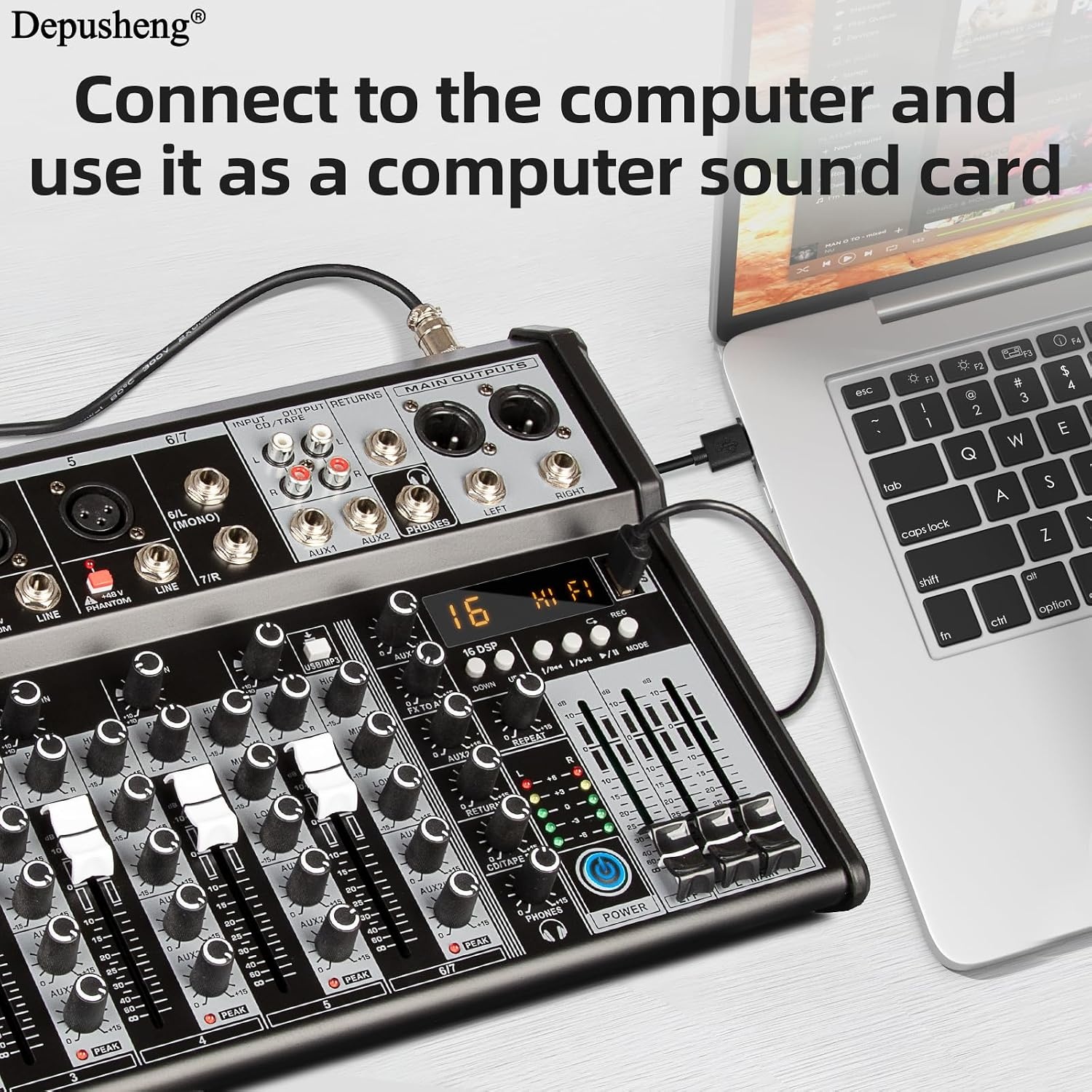Depusheng Professional Audio Mixer, 4-Channel Audio Interface Sound Board Mixer, 16-Bit DSP DJ Bluetooth Mixer + 48V Phantom Effect for Karaoke Studio Streaming Recording (XT7 EU)