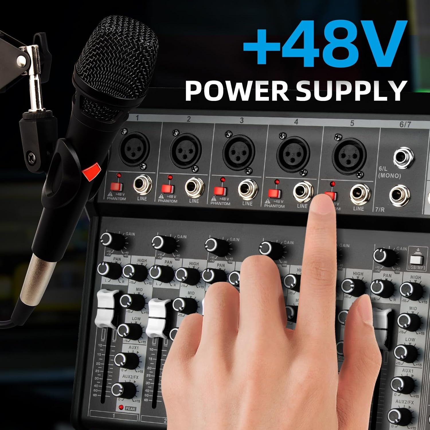 Depusheng Professional Audio Mixer, 4-Channel Audio Interface Sound Board Mixer, 16-Bit DSP DJ Bluetooth Mixer + 48V Phantom Effect for Karaoke Studio Streaming Recording (XT7 EU)