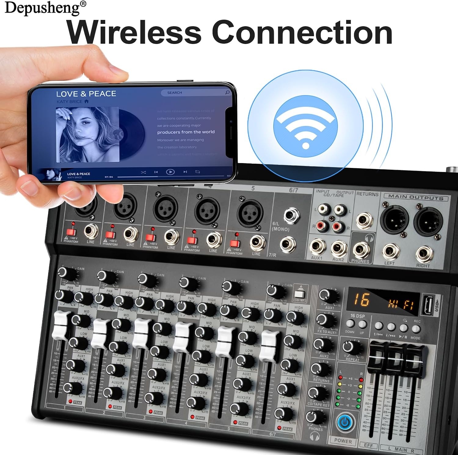 Depusheng Professional Audio Mixer, 4-Channel Audio Interface Sound Board Mixer, 16-Bit DSP DJ Bluetooth Mixer + 48V Phantom Effect for Karaoke Studio Streaming Recording (XT7 EU)