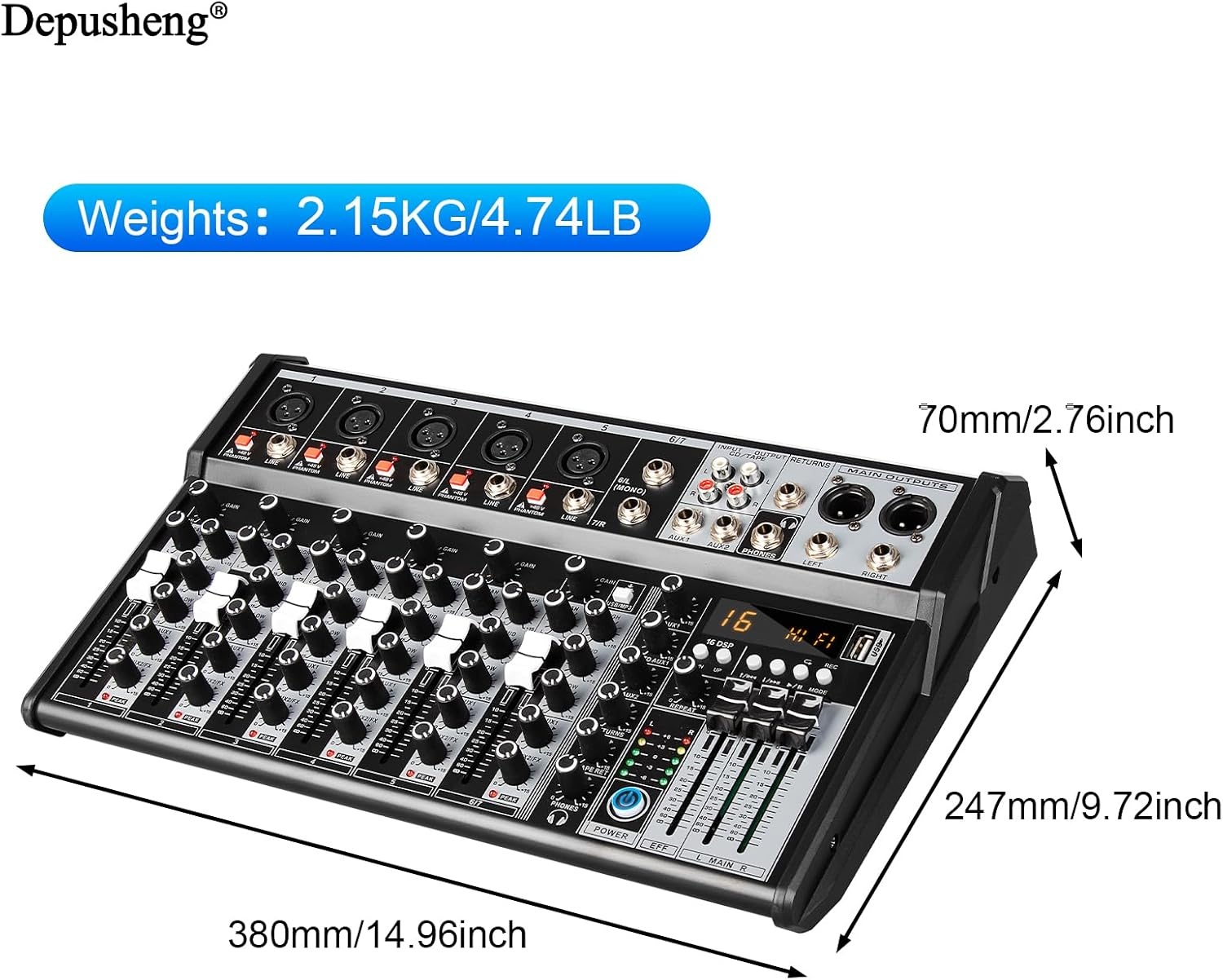 Depusheng Professional Audio Mixer, 4-Channel Audio Interface Sound Board Mixer, 16-Bit DSP DJ Bluetooth Mixer + 48V Phantom Effect for Karaoke Studio Streaming Recording (XT7 EU)