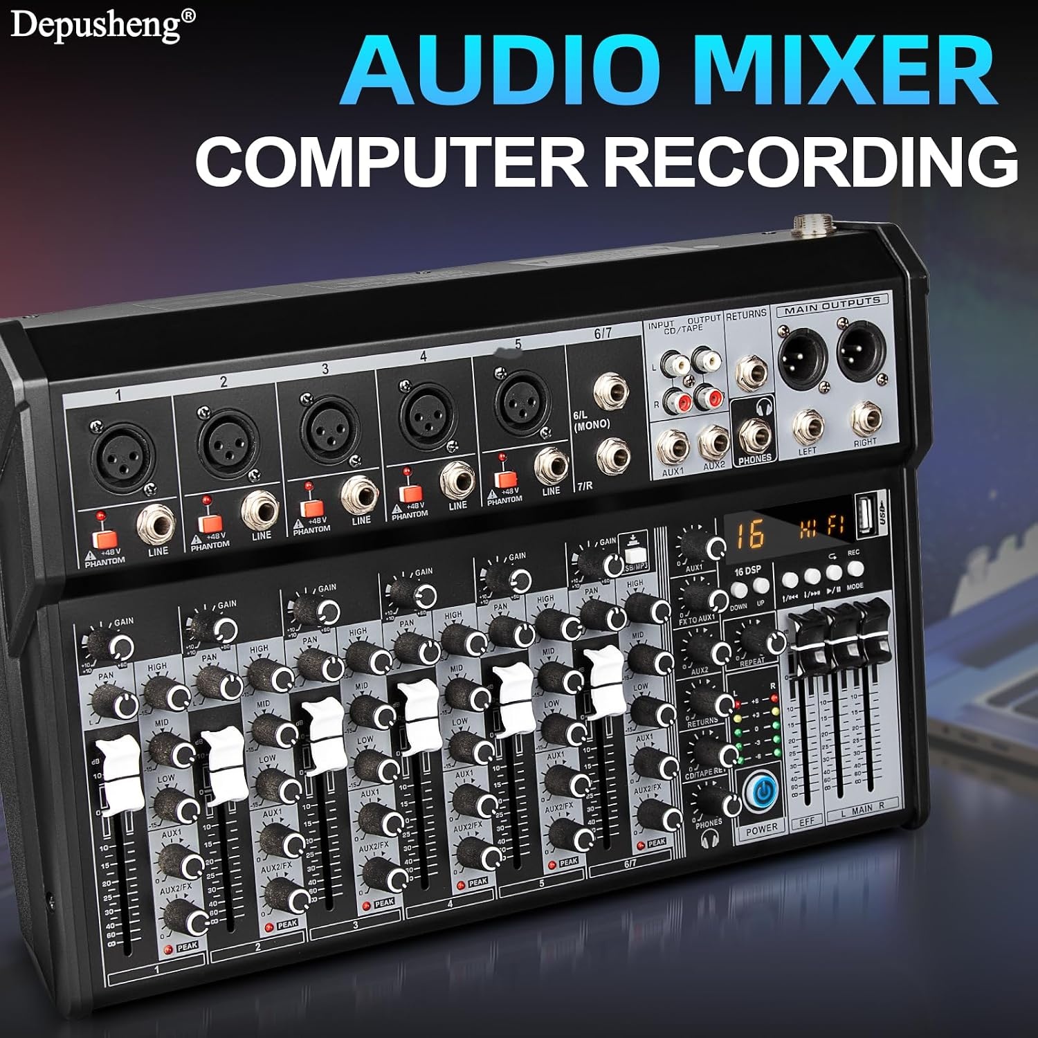 Depusheng Professional Audio Mixer, 4-Channel Audio Interface Sound Board Mixer, 16-Bit DSP DJ Bluetooth Mixer + 48V Phantom Effect for Karaoke Studio Streaming Recording (XT7 EU)