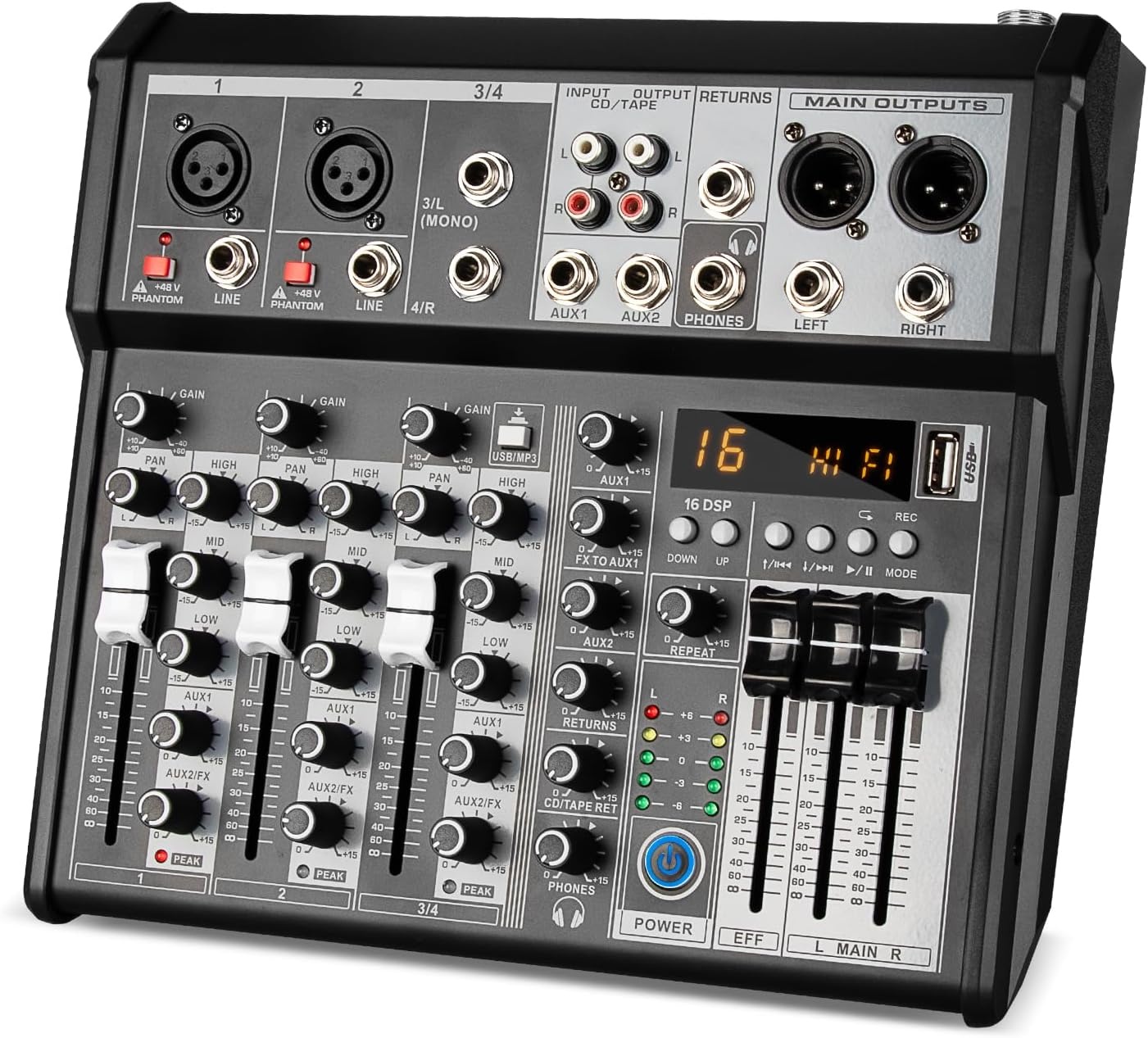 Depusheng Professional Audio Mixer, 4-Channel Audio Interface Sound Board Mixer, 16-Bit DSP DJ Bluetooth Mixer + 48V Phantom Effect for Karaoke Studio Streaming Recording (XT7 EU)