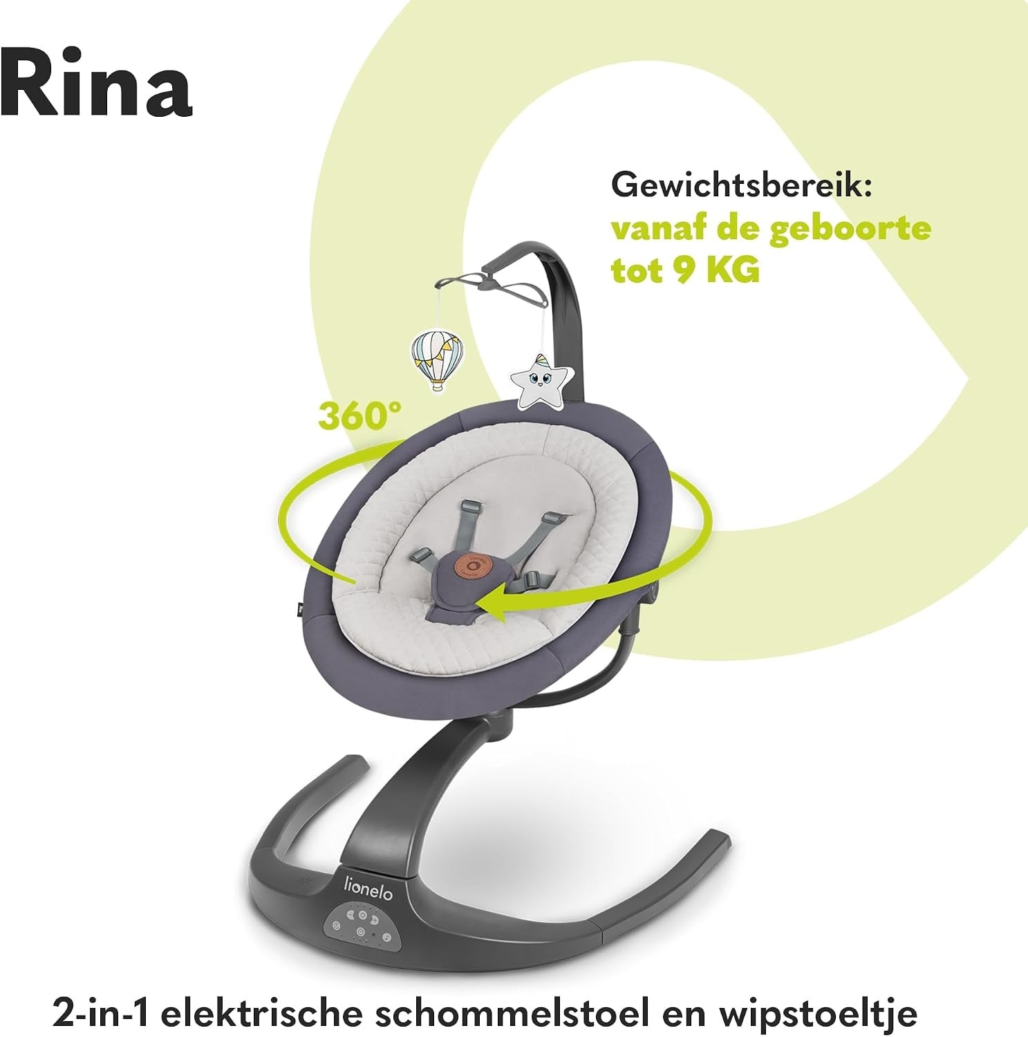 LIONELO Rina 2in1 Babyschommel + wieg, Afstandsbediening, 60° Draaibare zitting, Twee schommelrichtingen, 5 Schommelsnelheden, Vergrendeling, Rugleuningverstelling, Timer, 12 Melodieën, Stille werking