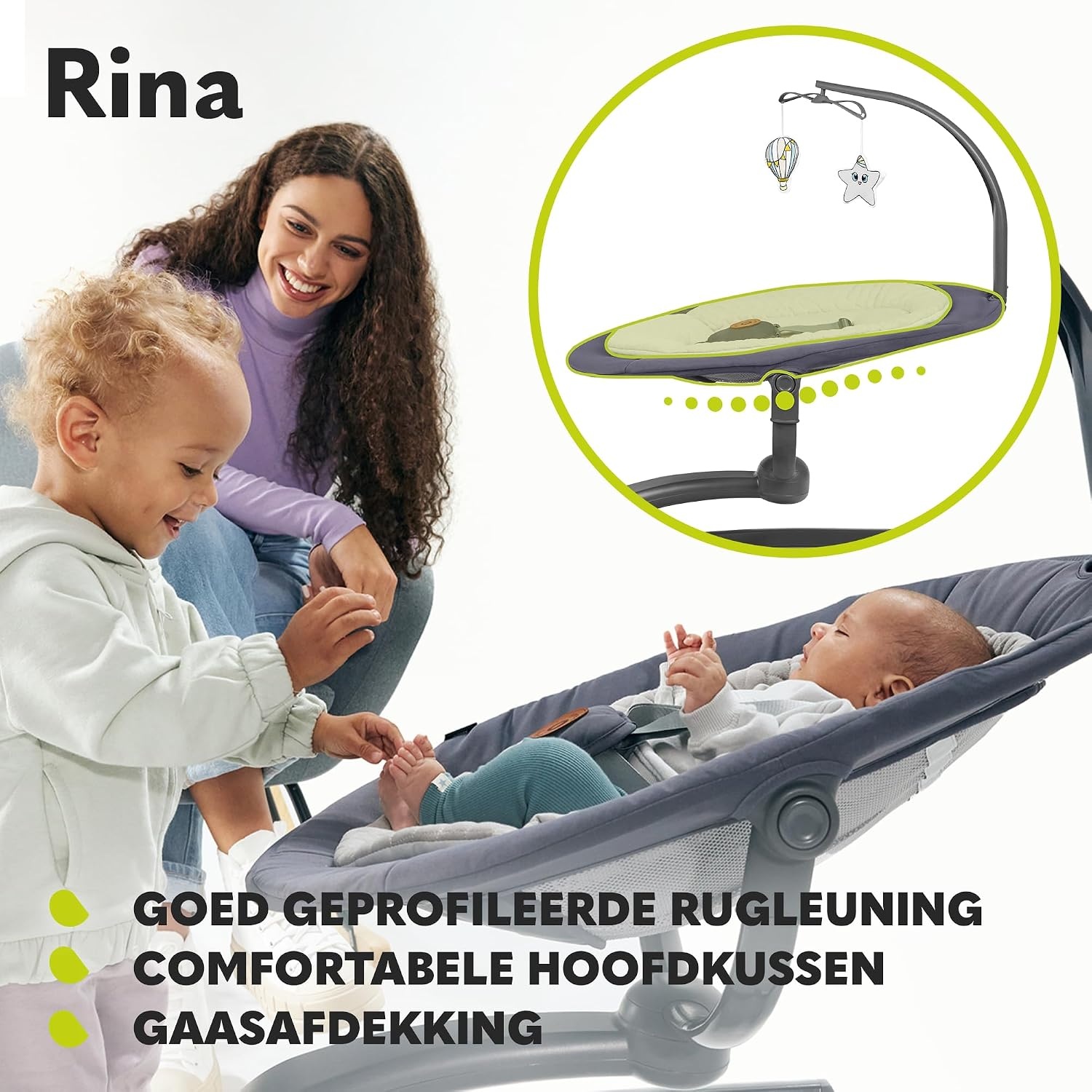LIONELO Rina 2in1 Babyschommel + wieg, Afstandsbediening, 60° Draaibare zitting, Twee schommelrichtingen, 5 Schommelsnelheden, Vergrendeling, Rugleuningverstelling, Timer, 12 Melodieën, Stille werking