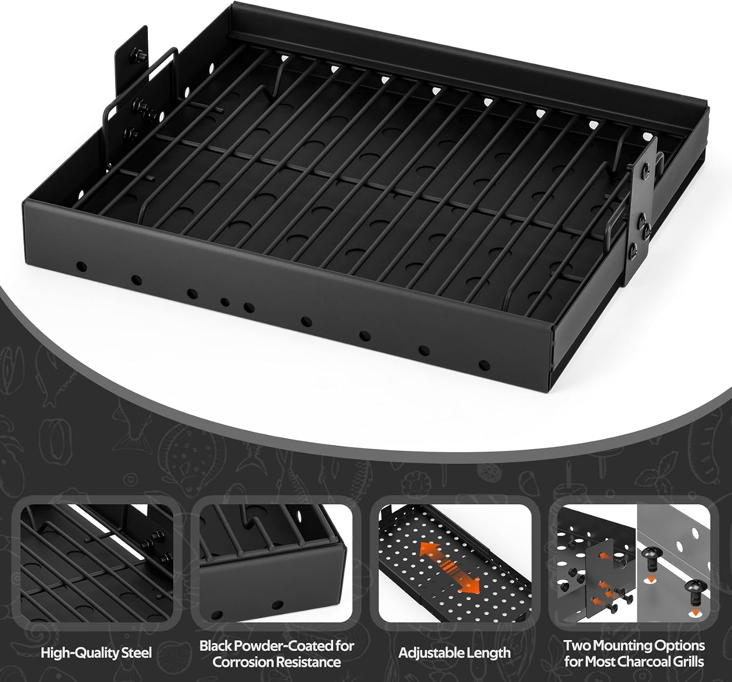 onlyfire Verstelbare Houtskoolbak voor Barbecue 38.5-73 cm, Rechthoekige Stalen Houtskoollade, Vuurkorf en Aslade met Rooster, Reserveonderdeel voor Tepro Toronto, Taino Hero XL, Activa