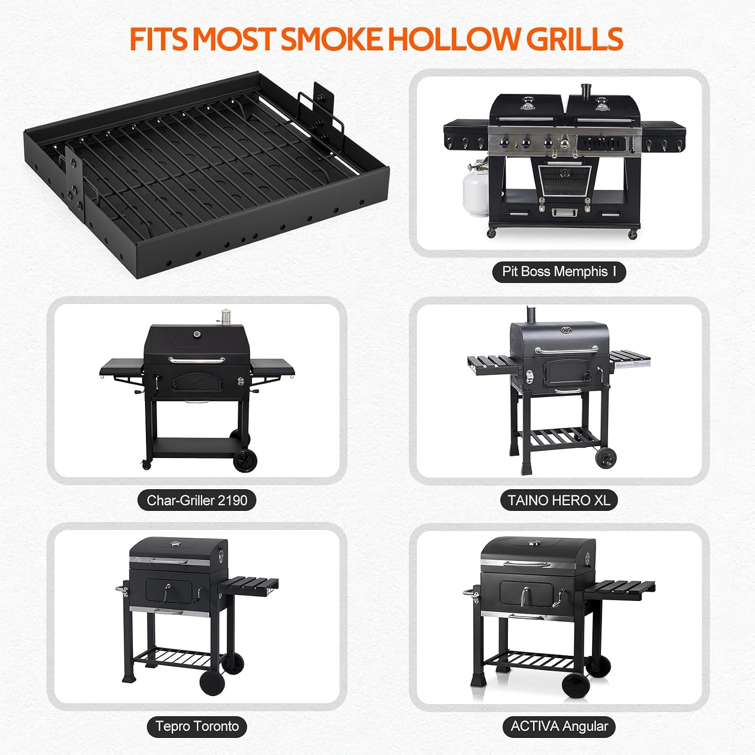 onlyfire Verstelbare Houtskoolbak voor Barbecue 38.5-73 cm, Rechthoekige Stalen Houtskoollade, Vuurkorf en Aslade met Rooster, Reserveonderdeel voor Tepro Toronto, Taino Hero XL, Activa