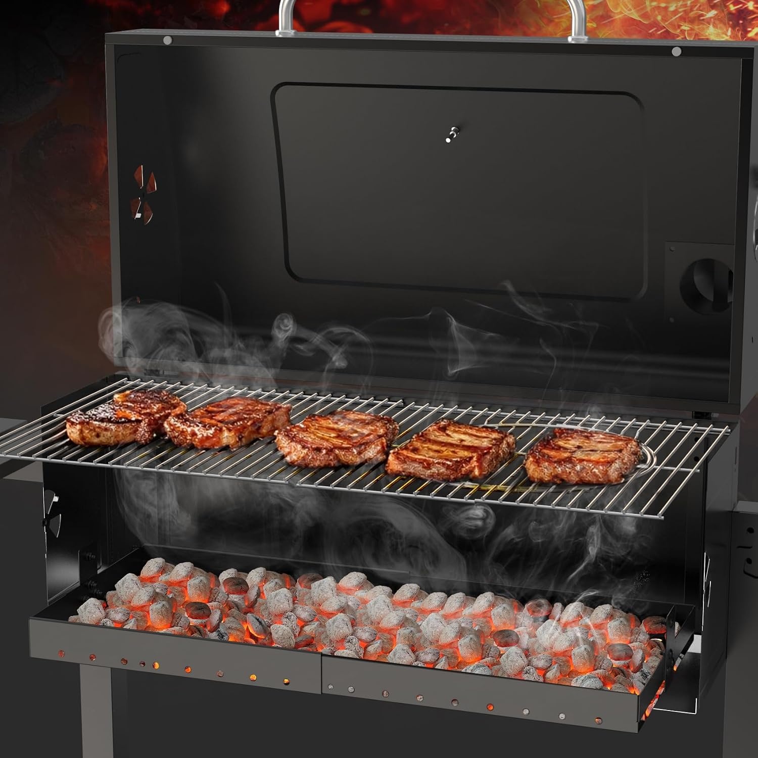 onlyfire Verstelbare Houtskoolbak voor Barbecue 38.5-73 cm, Rechthoekige Stalen Houtskoollade, Vuurkorf en Aslade met Rooster, Reserveonderdeel voor Tepro Toronto, Taino Hero XL, Activa