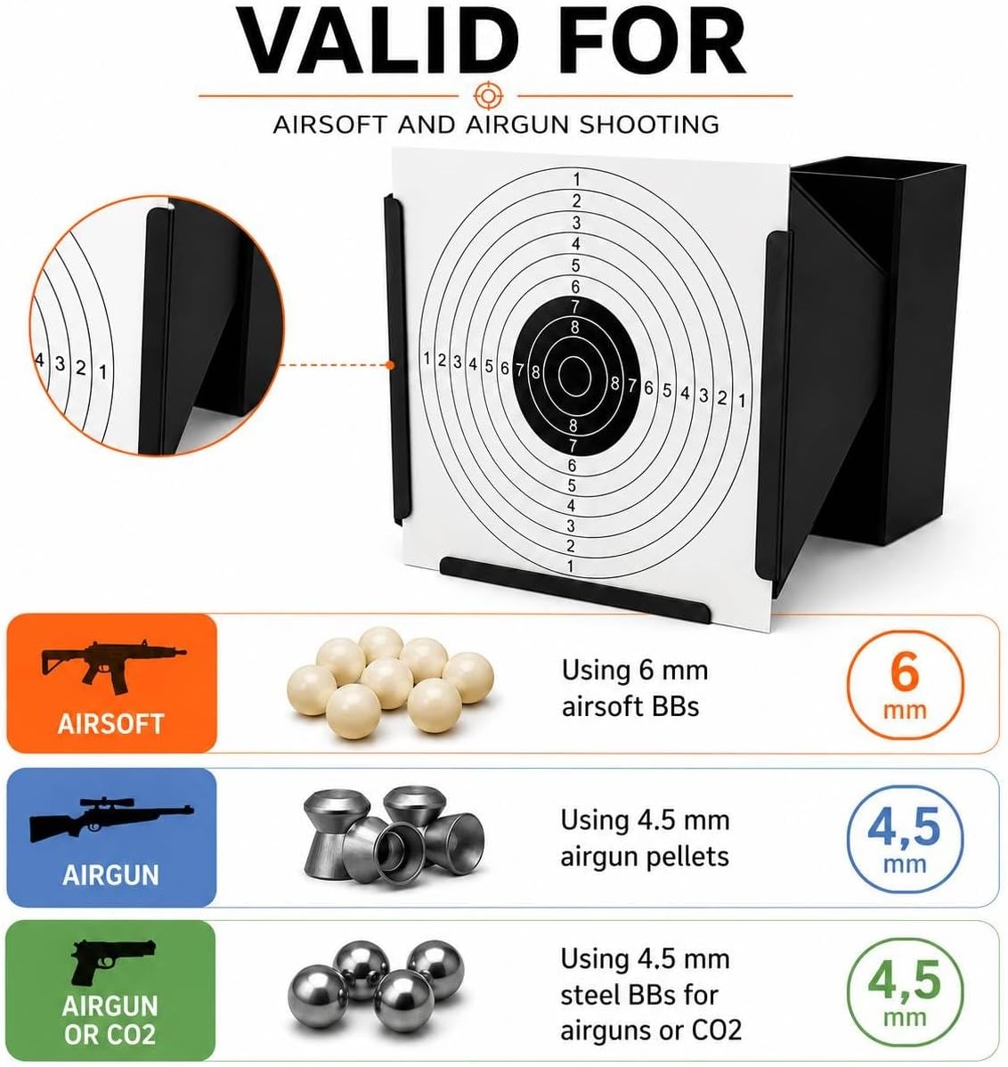 Whiteshooting, Tragabalin, + 100 Target Discs for Airsoft, Airgun, Pellets and Shooting Balls, Target Discs 250 g/m², Standard 14 x 14 cm, Steel Material, Black