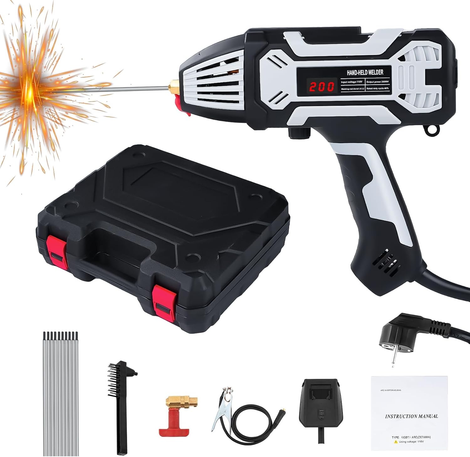 Handlasapparaat, draagbaar 220 V booglasapparaat met 10 lasstaven, 200 A elektroden lasapparaat met IGBT-omvormer, voor 1,6 mm tot 3,2 mm draadstangen