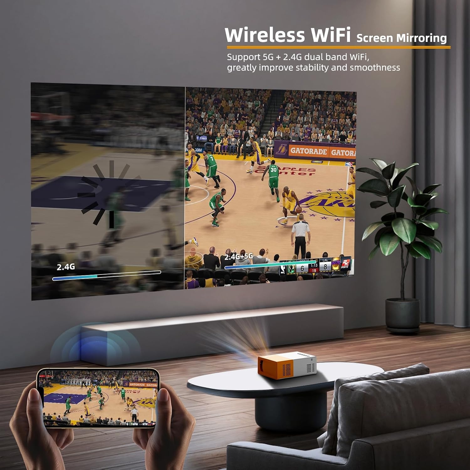 PVO Projector WiFi draagbare filmprojector 1080P, telefoonscherm kan worden gespiegeld op videoprojector via wifi of via datakabel, compatibel met smartphone/tablet/laptop/tv-stick/PS/Type-C/USB-drive