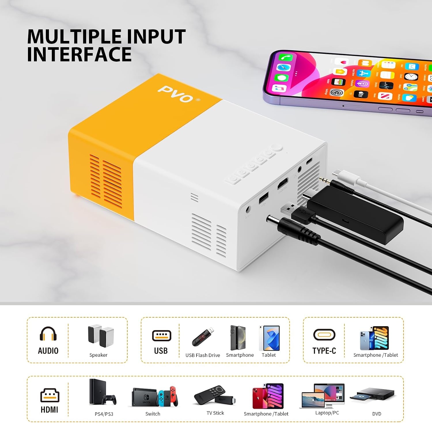 PVO Projector WiFi draagbare filmprojector 1080P, telefoonscherm kan worden gespiegeld op videoprojector via wifi of via datakabel, compatibel met smartphone/tablet/laptop/tv-stick/PS/Type-C/USB-drive